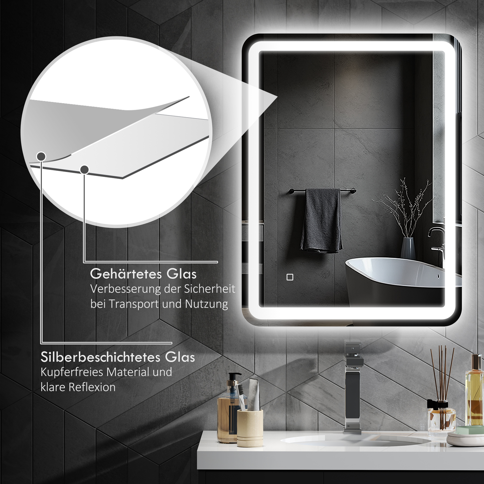 Badezimmerspiegel, beleuchtet, Touch-Steuerung, beschlagfrei, dimmbar, 3 Lichtfarben, 60 x 80, Silber