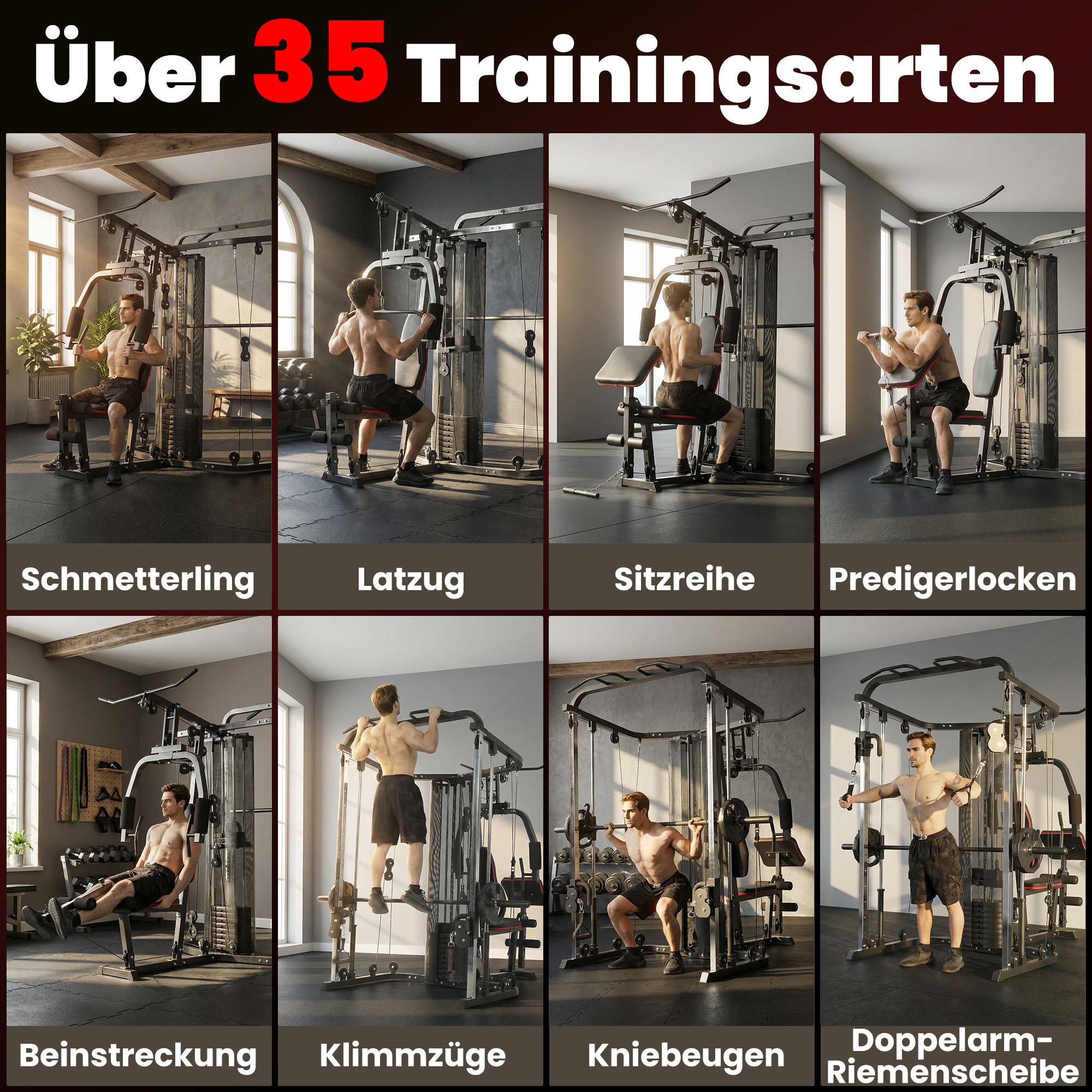 Kraftstation Fitnessstation mit 65kg Gewichten, Latzug, Butterflystange, verstellbar Preacher Bank, Beintrainer