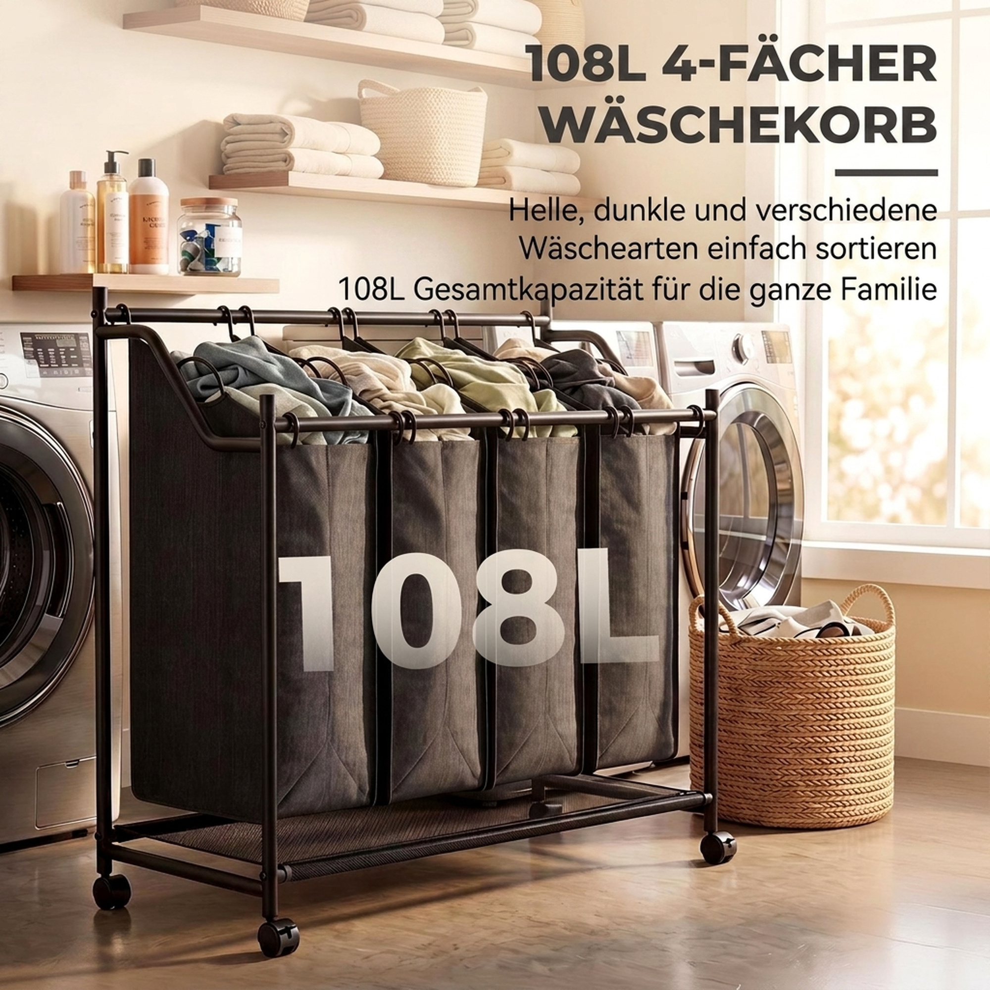 Wäschesammler mit Griff, 108 L rollbarer Wäschekorb mit 4 Fächern und Rollen, Schwarz