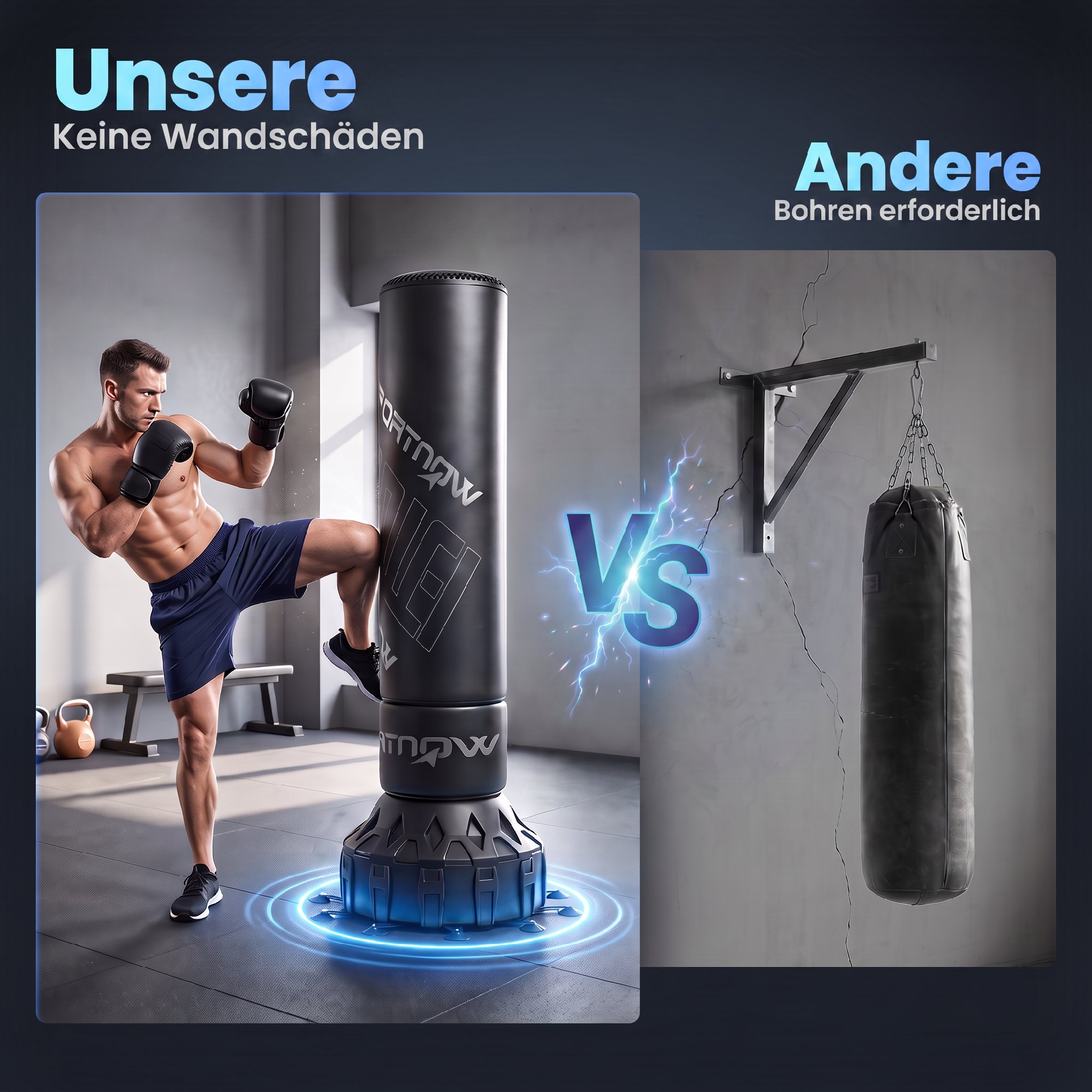 Boxsack freistehend 180 cm Standboxsack mit Saugfuß befüllbar Basis, Stoßdämpfung Handschuhen Boxing Trainer