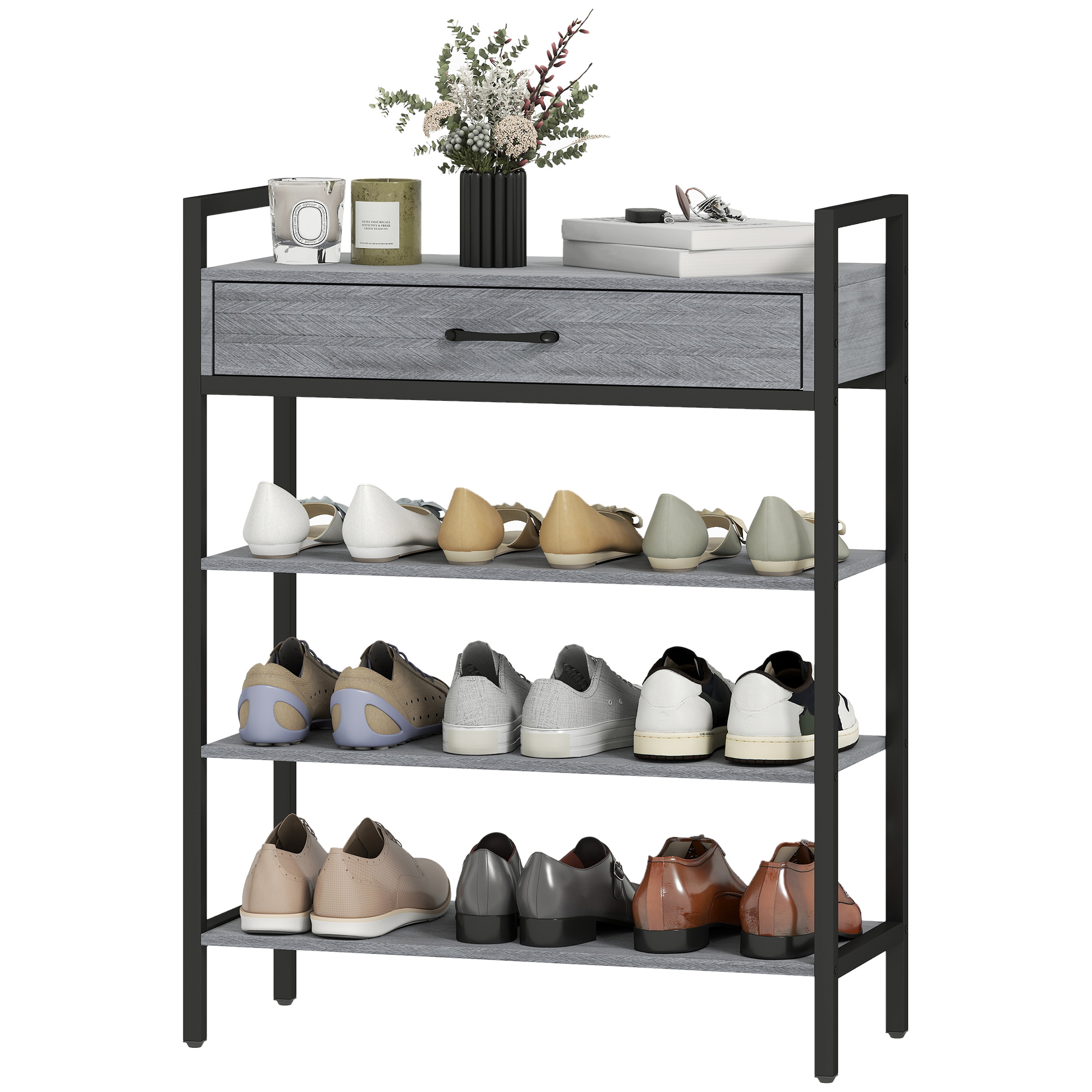4-stufiges Schuhregal, Flurregal für bis zu 9 Paar Schuhe, Spanplatte, Metall, Grau 4-stufiges Schuhregal, Flurregal für bis zu 9 Paar Schuhe, Spanplatte, Metall, Grau