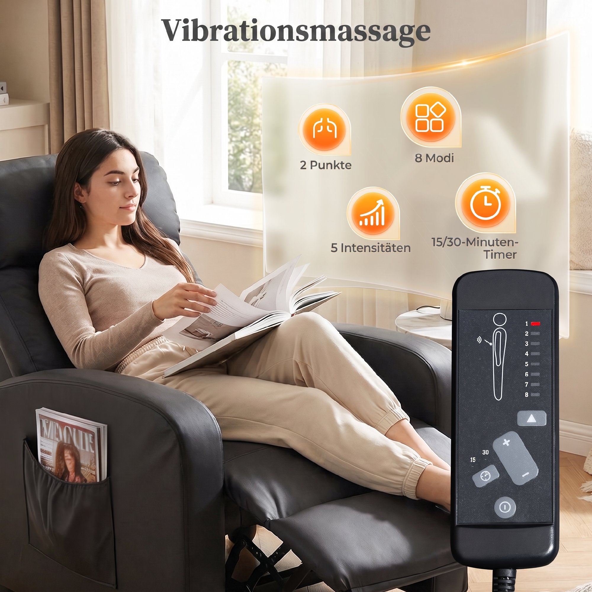 Relaxsessel Fernsehsessel mit Vibrationsmassage, Liegefunktion, 2 Massagepunkte, Fernbedienung, 68 x 88 x 98 cm Schwarz