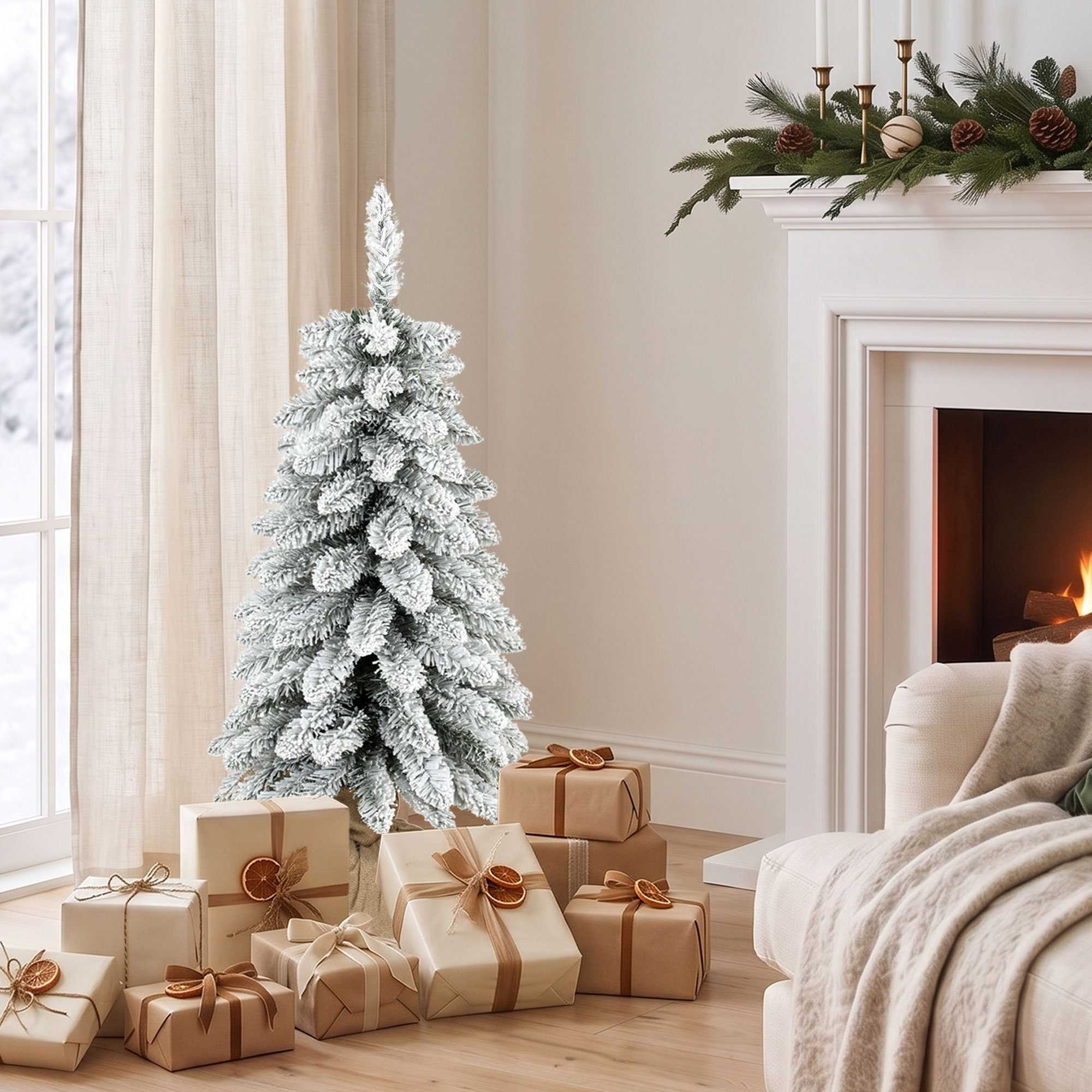künstlicher Weihnachtsbaum, 90 cm (3 ft), schlanker Pencil-Baum mit 107 Zweigspitzen, Jutebasis, Weiß
