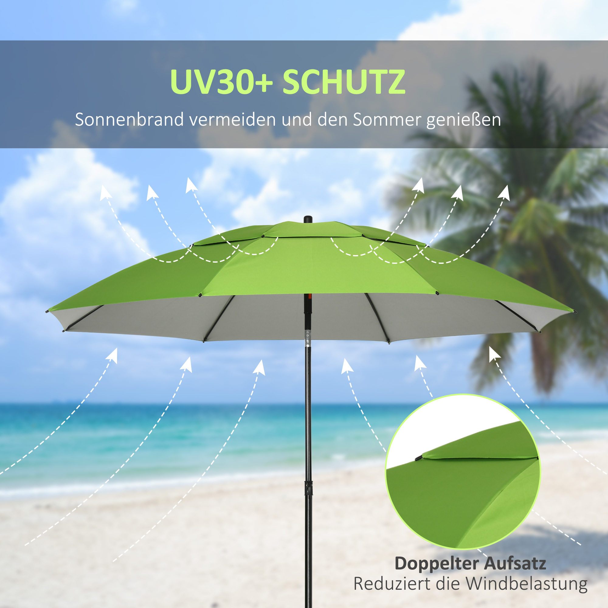 Strandschirm, Sonnenschirm, mit Belüftungsöffnungen, inkl. Schutzhülle, ?1.85, Grün