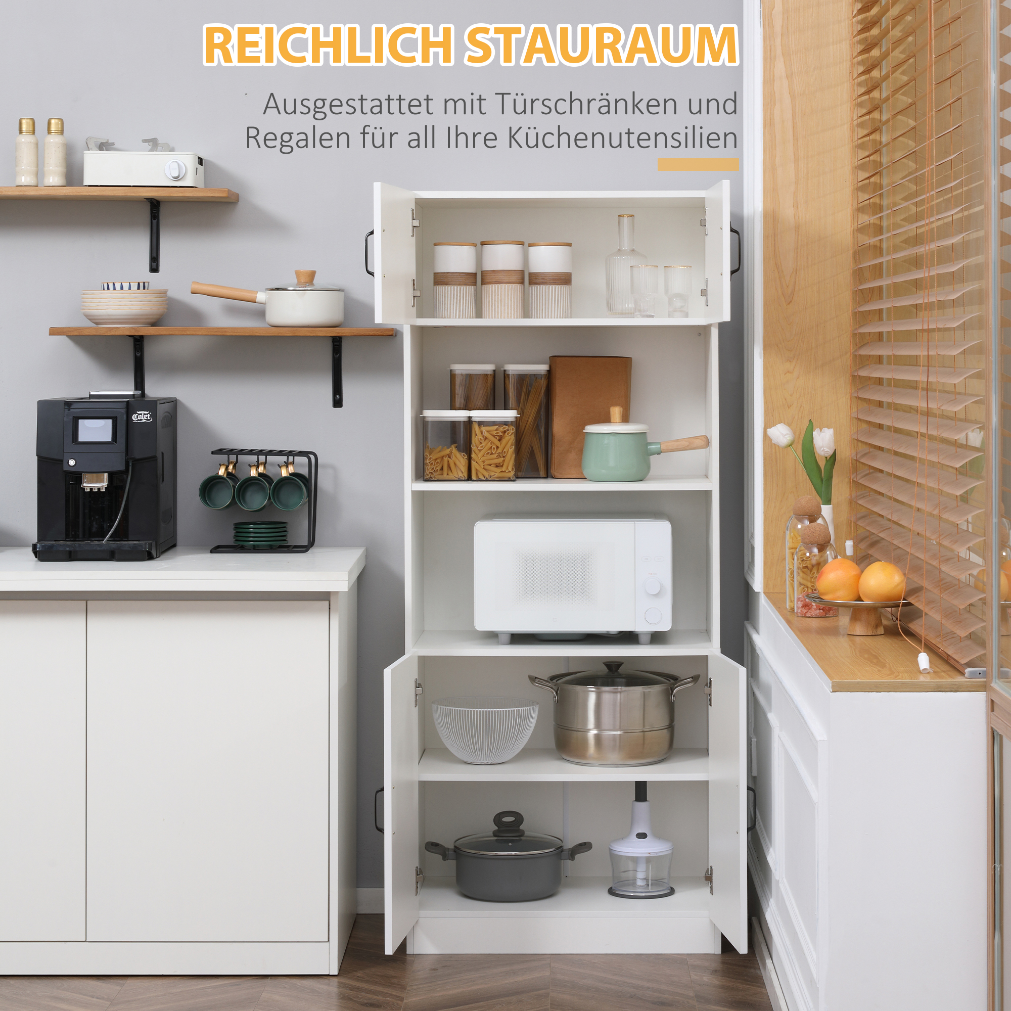 Küchenschrank Küchenbüffet Schrank, Landhausstil, 2 Schränke, 2 Regale,  70 cm x 40 cm x 170 cm Weiß + Schwarz
