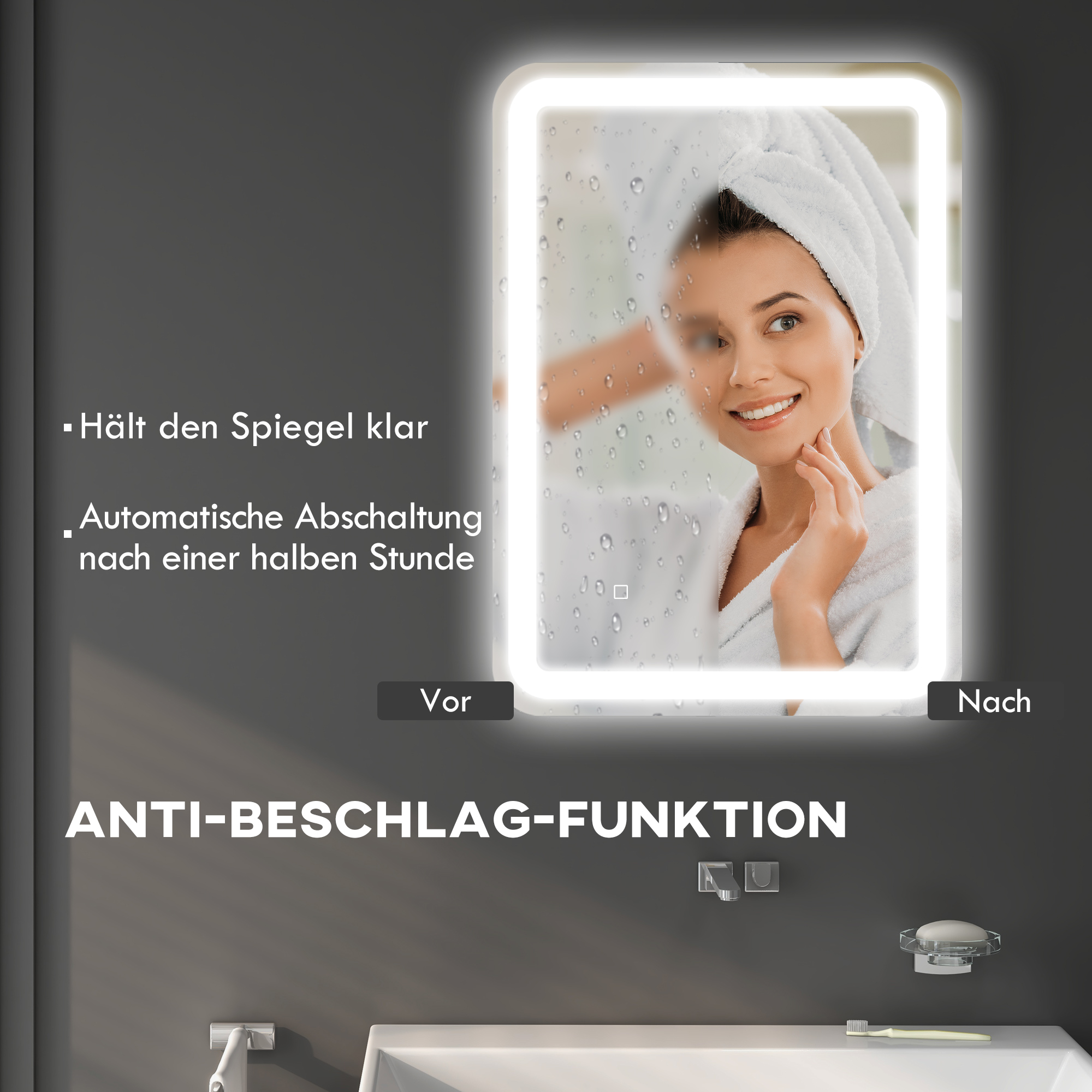 Badezimmerspiegel, beleuchtet, Touch-Steuerung, beschlagfrei, dimmbar, 3 Lichtfarben, 50x70, Silber