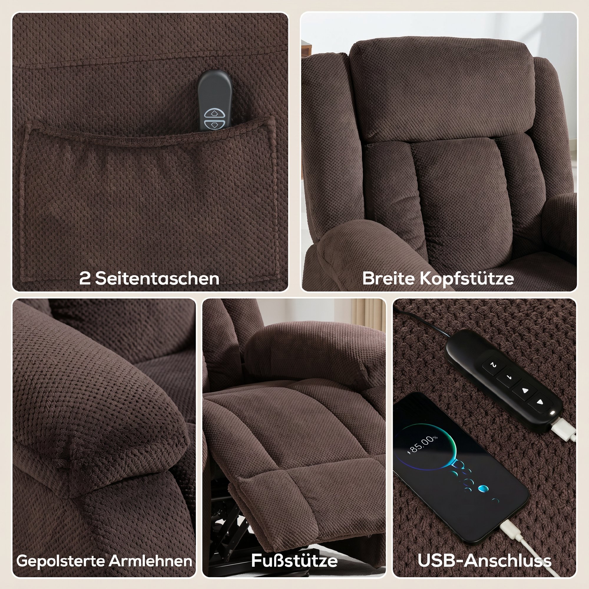 Aufstehsessel mit weichem Bezug, Recliner-Sessel mit Fernbedienung und Seitentaschen, Braun