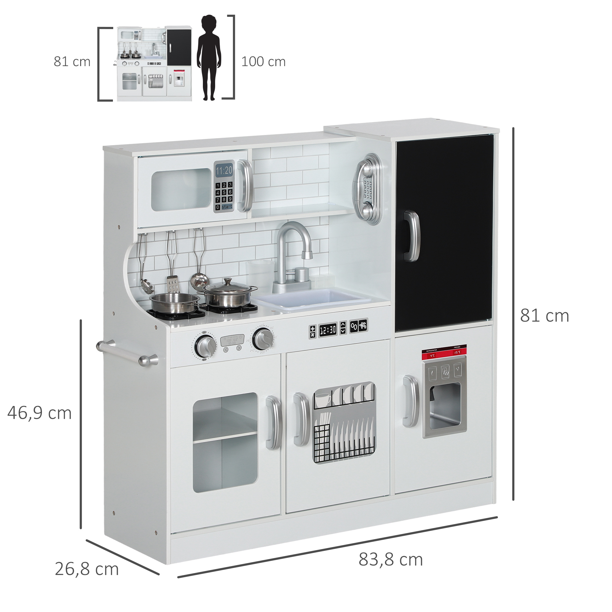 Kinderküche, Spielküche mit Telefon, Kreidetafel, Mikrowelle, Herd, Spüle, Zubehör, Eiswürfelmaschine, 3-8 Jahre, Weiß