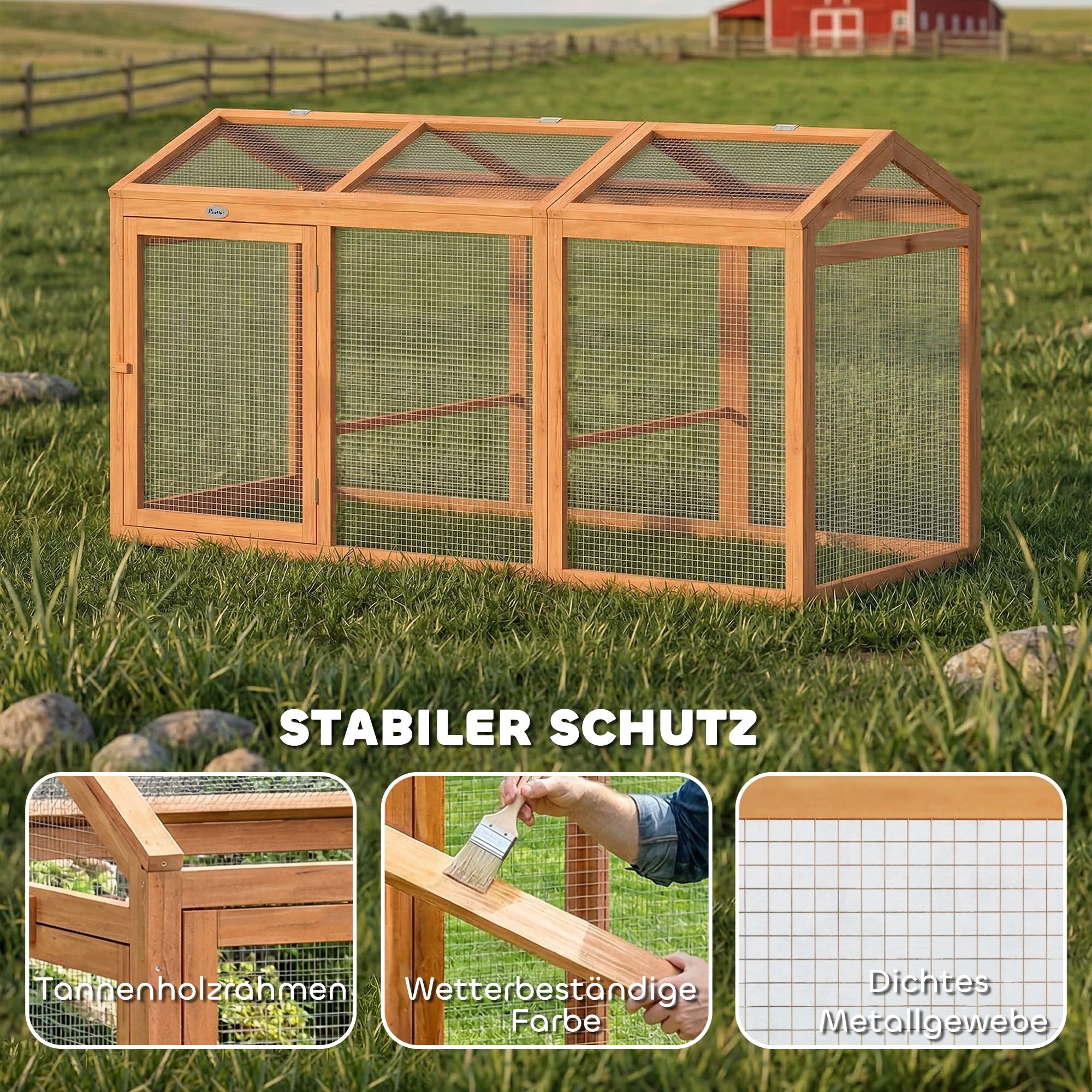 Hühnerstall Freilaufgehege mit Sitzstange Doppeltüren, aus Holz und Metall, für 4 Hühner, 156 x 70,5 x 84 cm Orange