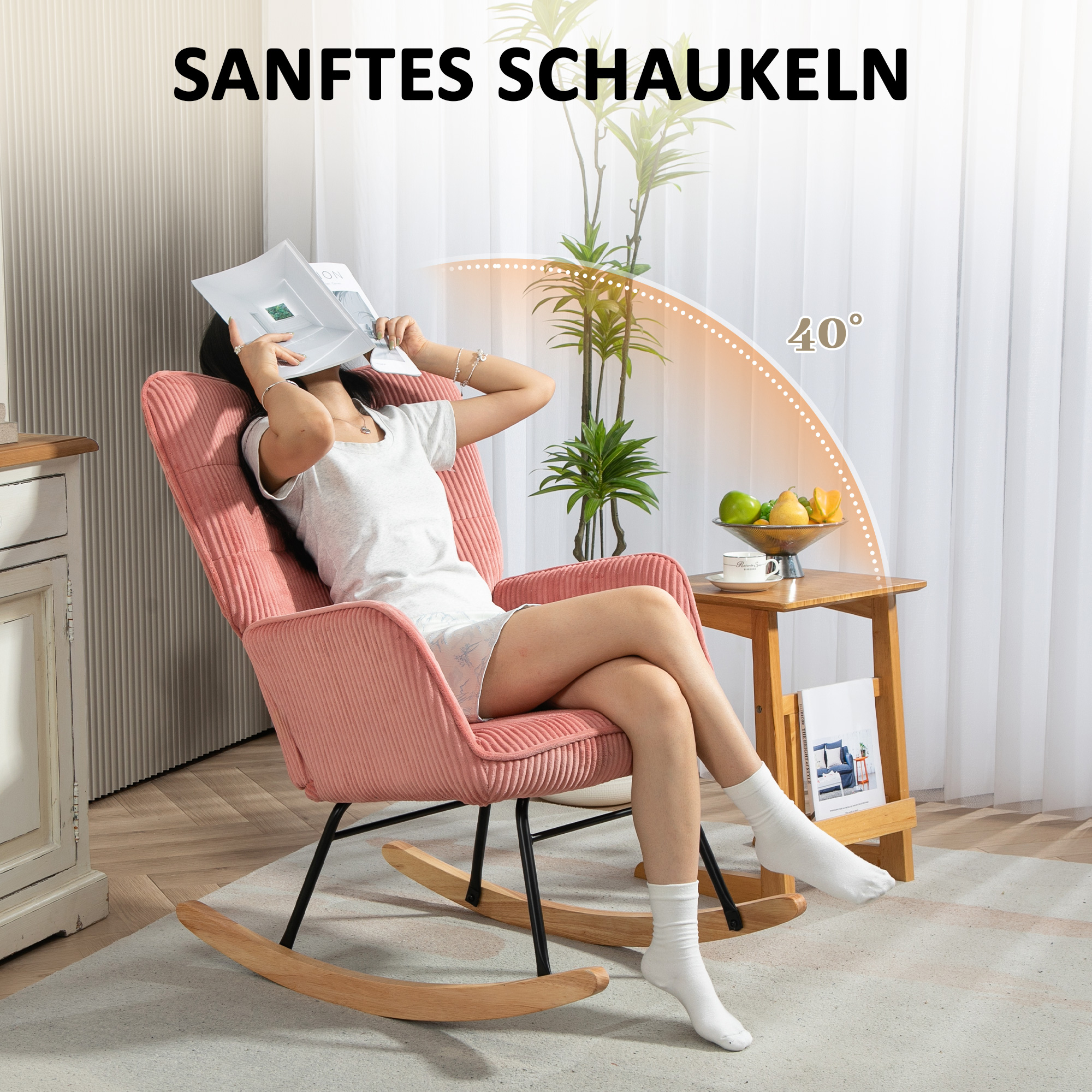 Schaukelstuhl, Relaxsessel, Schaukelsessel, belastbar bis 120 kg, Polyester, 98 x 71 x 101 cm, Rosa