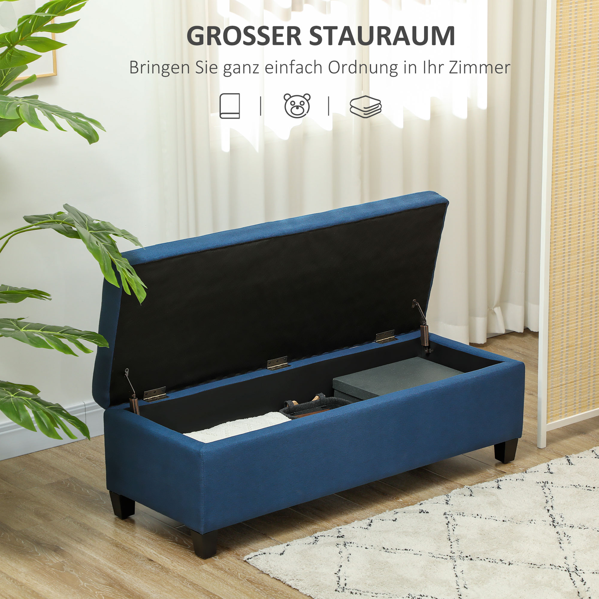 Sitzbank mit Stauraum, Ottomane, Flurbank, Knopfheftung,125,1 cm x 48,9 cm x 41,3 cm, Blau