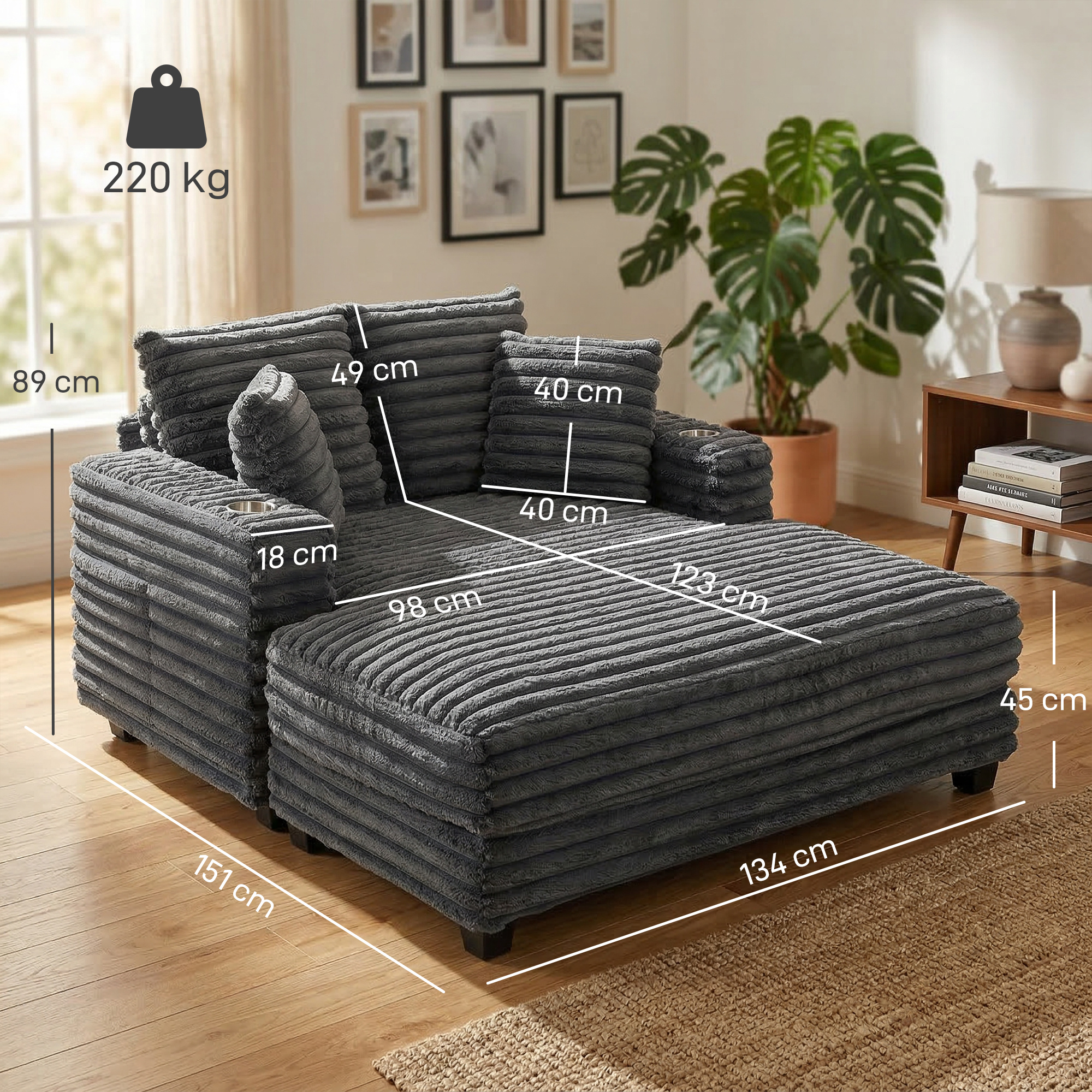 Chaiselongue 2 Sitzer Groß Schlafsofa 134 x 151 cm mit Becherhalter für Wohnzimmer, Grau