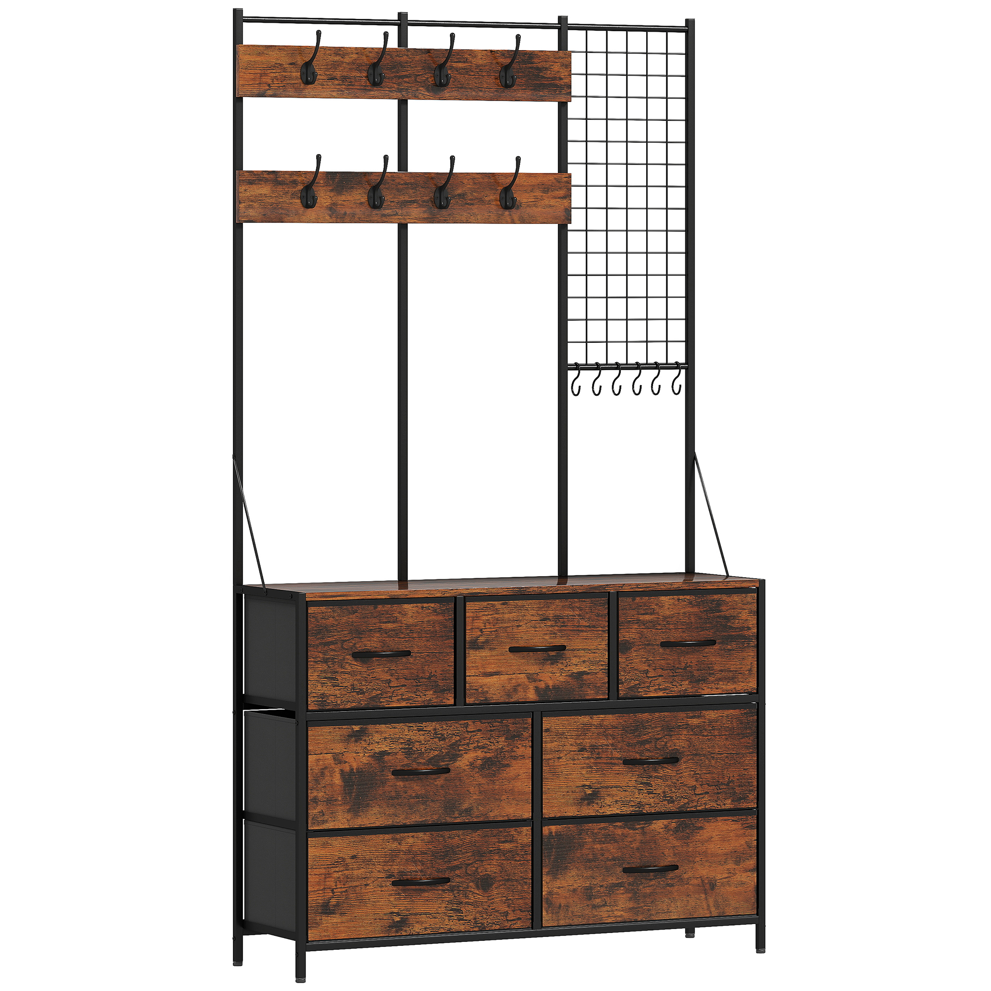 Garderobenständer, Kleiderständer mit Stoff-Schublade, 14 Haken für Flur, Schlafzimmer, Rustikal-Braun, Höhe 183 cm