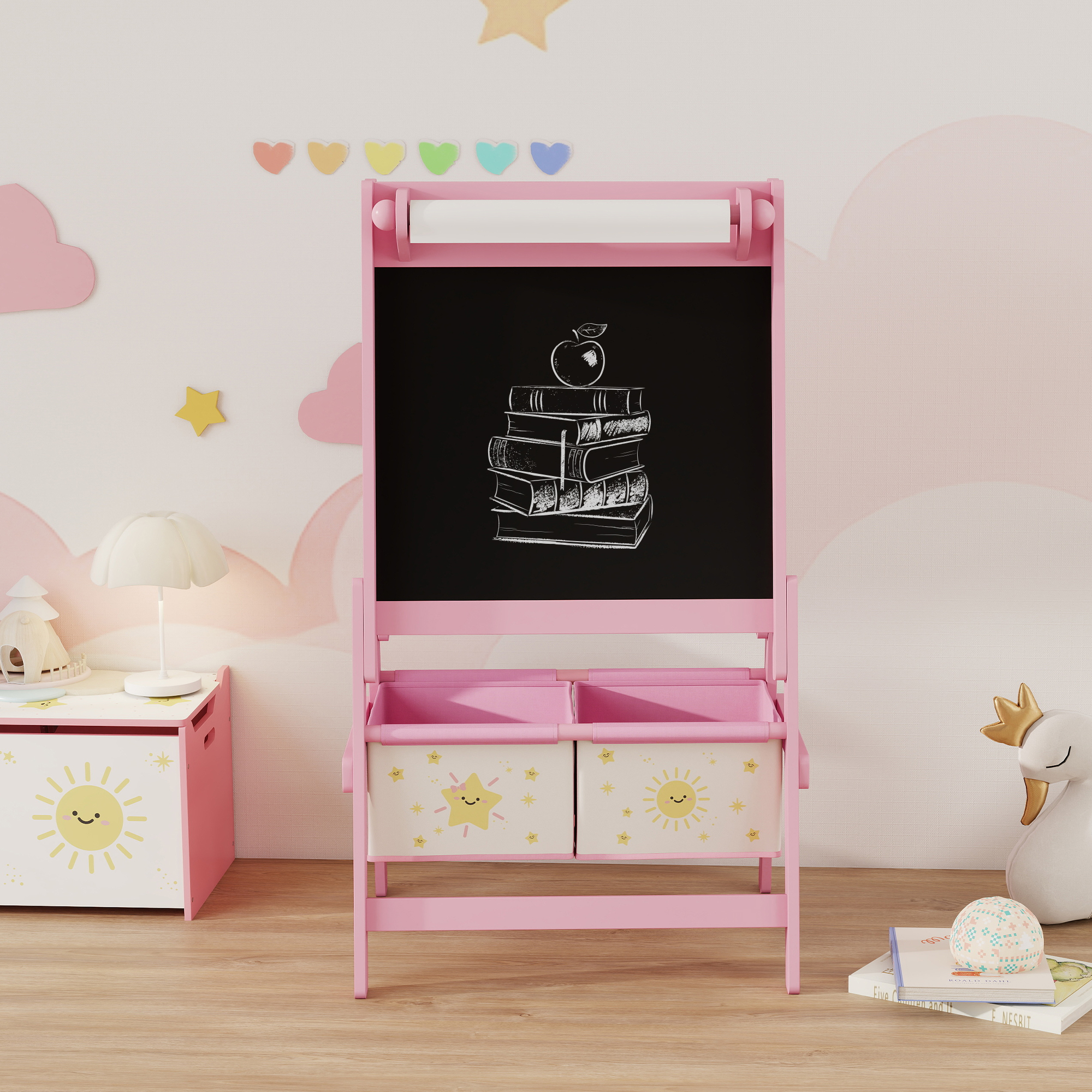 Kinder Staffelei 3 in 1 Kindertafel mit Kreidetafel, Whiteboard, Papierrolle, 2 Aufbewahrungsboxen, für 3-8 Jahre Rosa