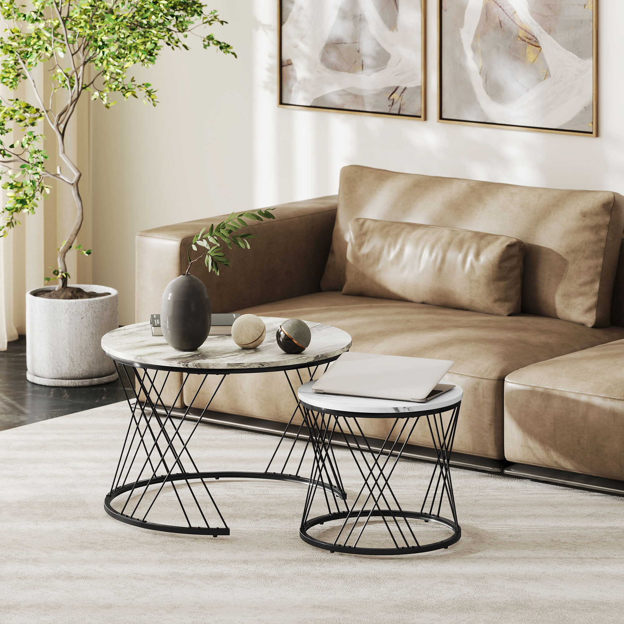 Couchtische im 2er-Set, Marmoroptik, Spanplatte, Metall, runde Kaffeetische für Wohnzimmer, ineinanderstellbar Grau+Weiß