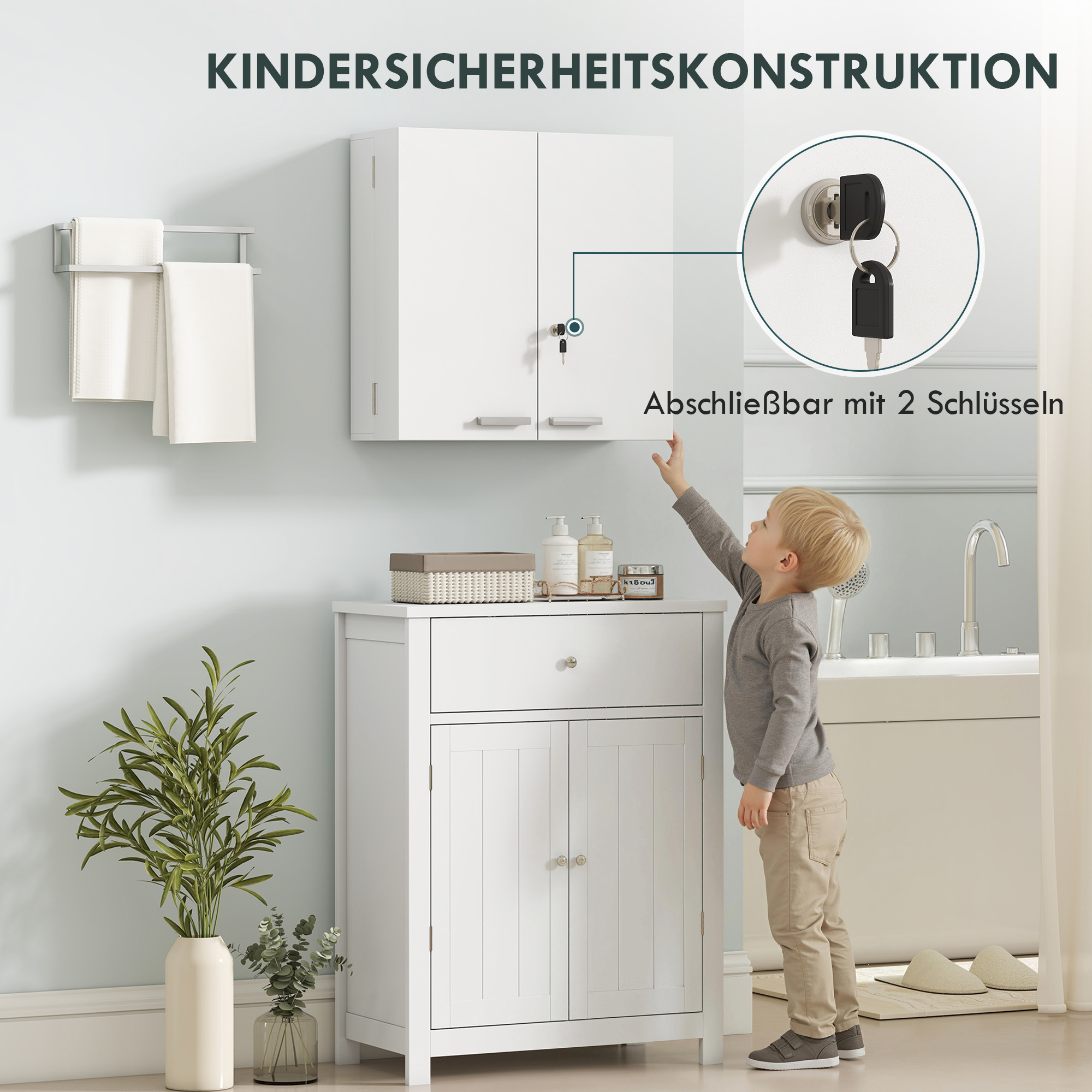 Medizinschrank abschließbar 2-türig Hängend Medikamentenschrank mit 11 Fächer 2 Schlüssel, 53 x 20 x 53 cm, Weiß