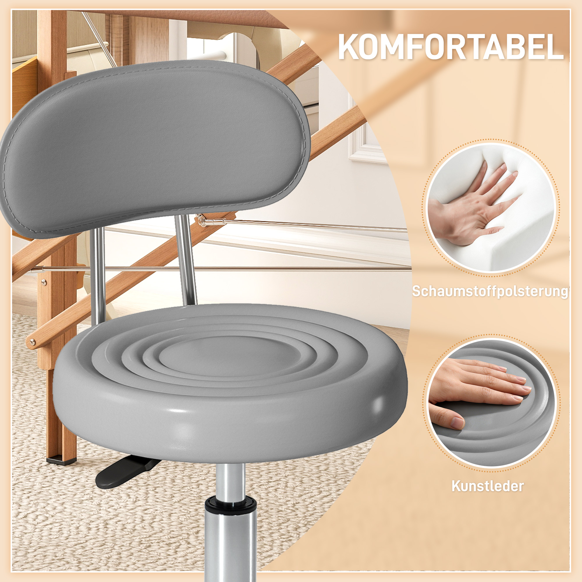 Rollhocker, Drehbarer und verstellbarer Hocker mit Rückenlehne, Kunstlederbezug, Fußstütze, für Frisiertische, Grau