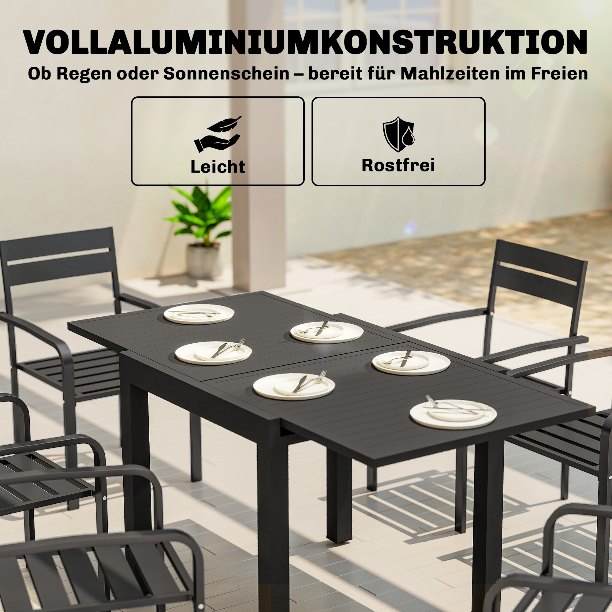 Gartentisch Ausziehbarer 80/160 x 80 cm Aluminium Esstisch für 4-6 Personen, Rechteckig mit Lamellenplatte