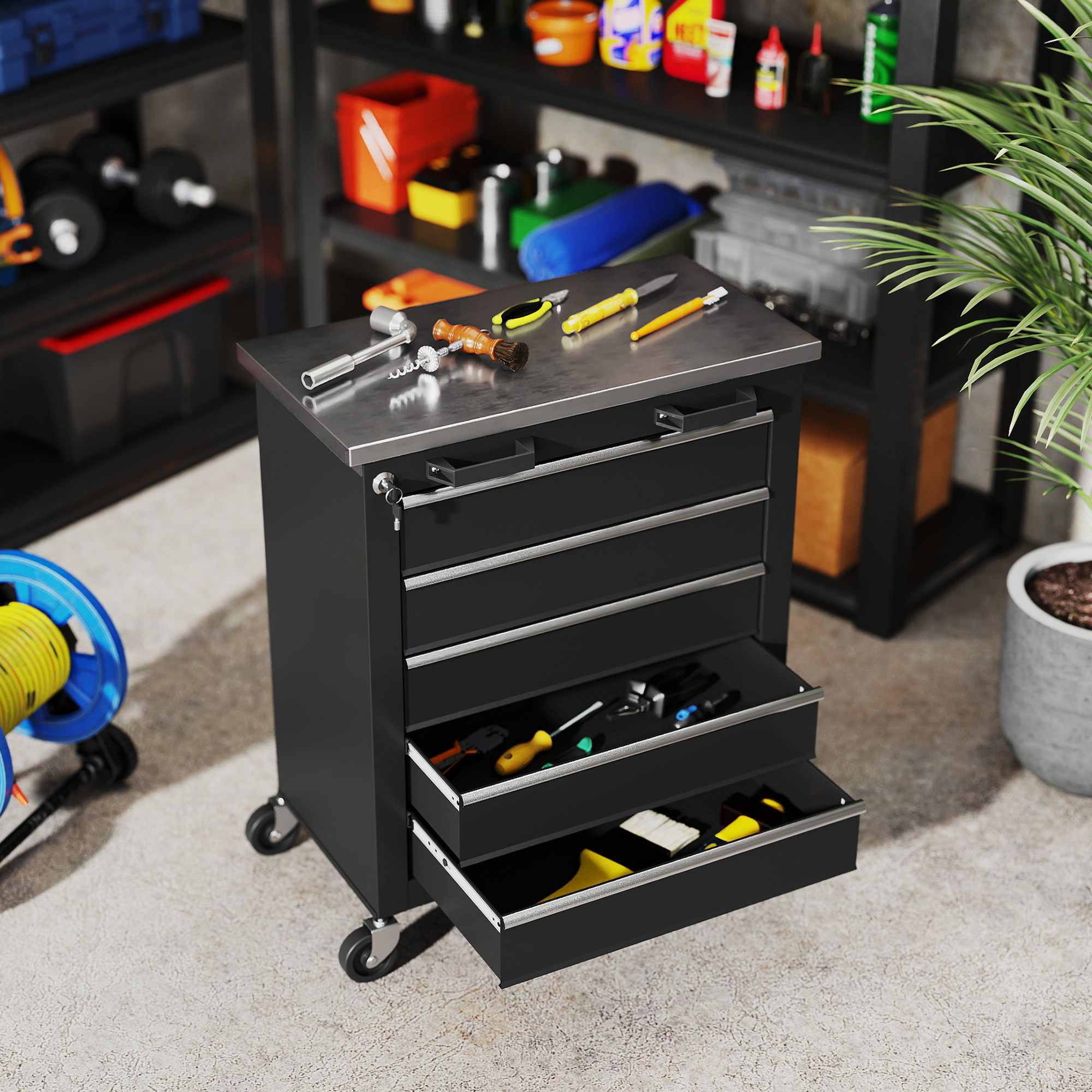 Werkzeugschrank mit 5 Schubladen, rollbare Werkzeugkiste, Werkzeugwagen aus Stahl, Silberton+Schwarz