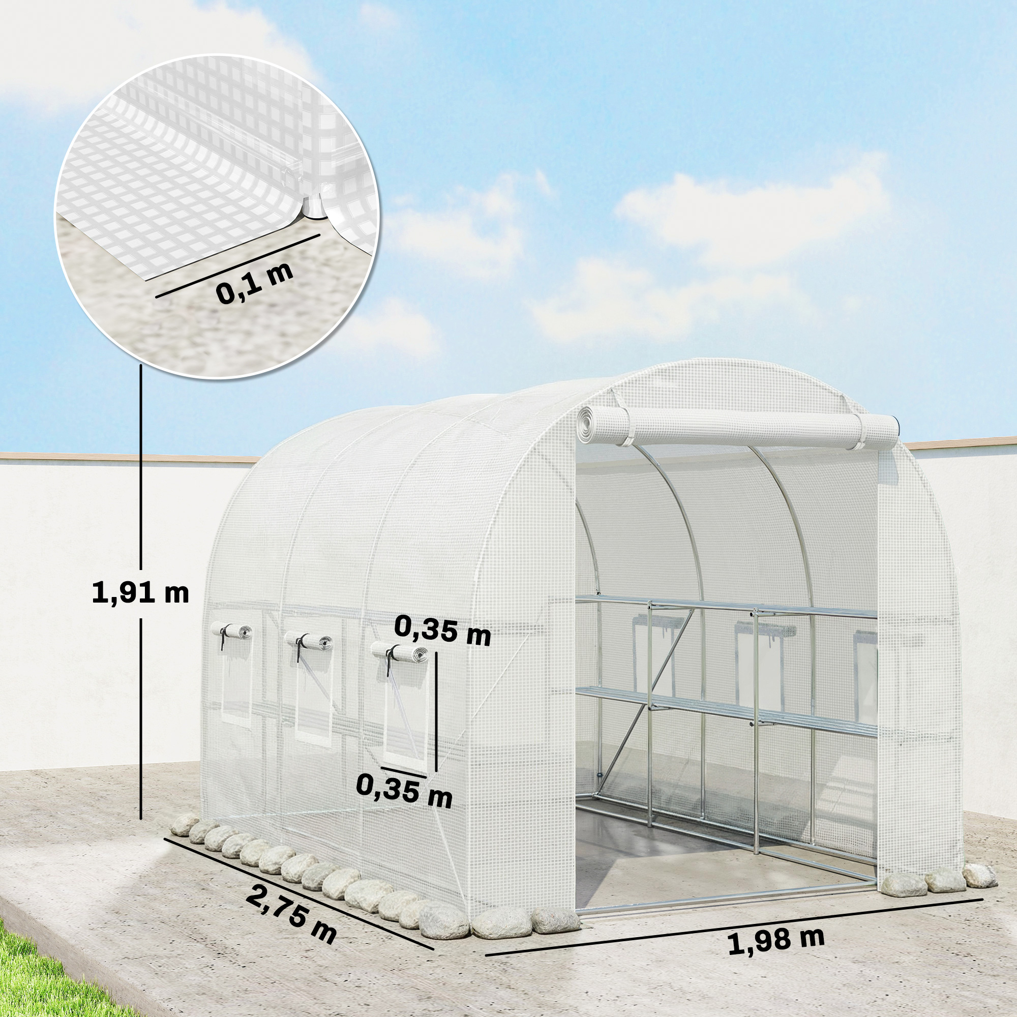 Gewächshaus ca. 2,7 x 2 x 2 m Foliengewächshaus mit Regalen Rollbar Reißverschlusstür 6 Netzfenster Stützstangen