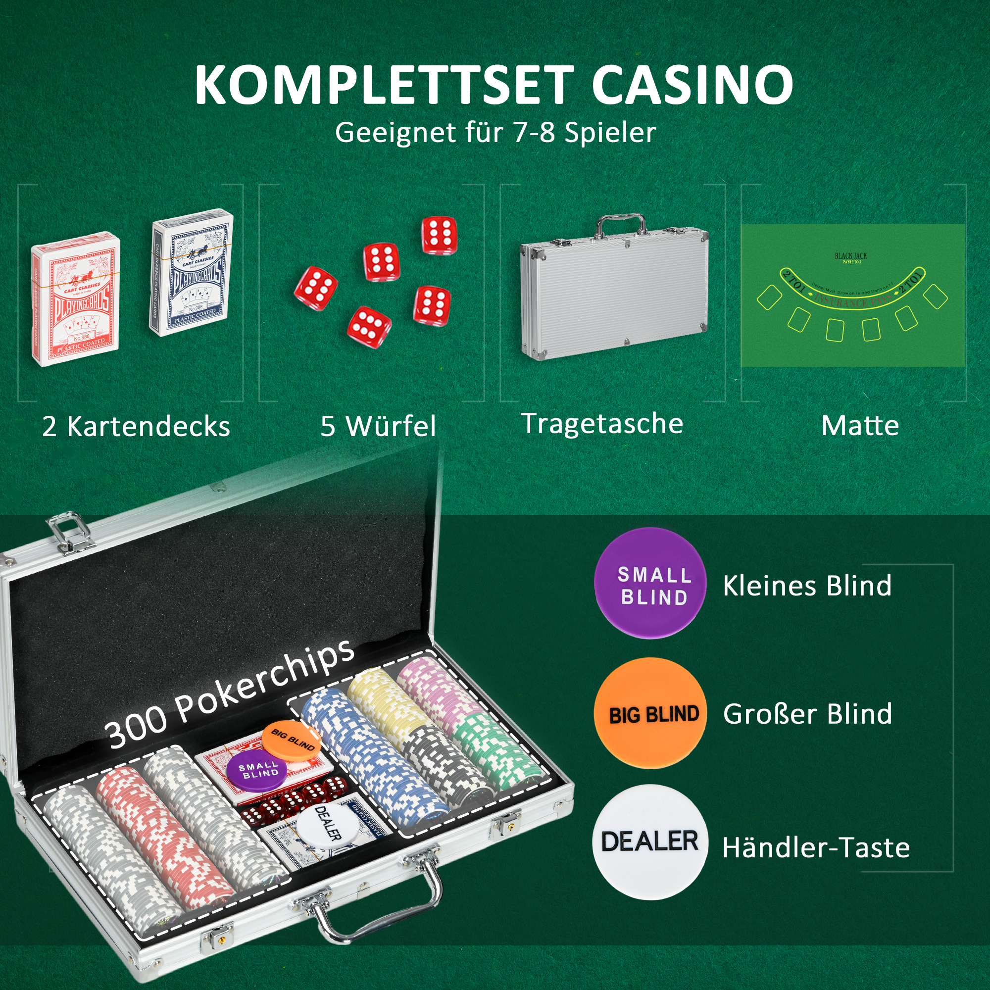 Casinozubehör und Chips Pokerset mit Chips Pokerchip-Koffer, inkl. Unterlage, Set mit 300 Chips, 2 Kartenspielen, 5 Würfeln