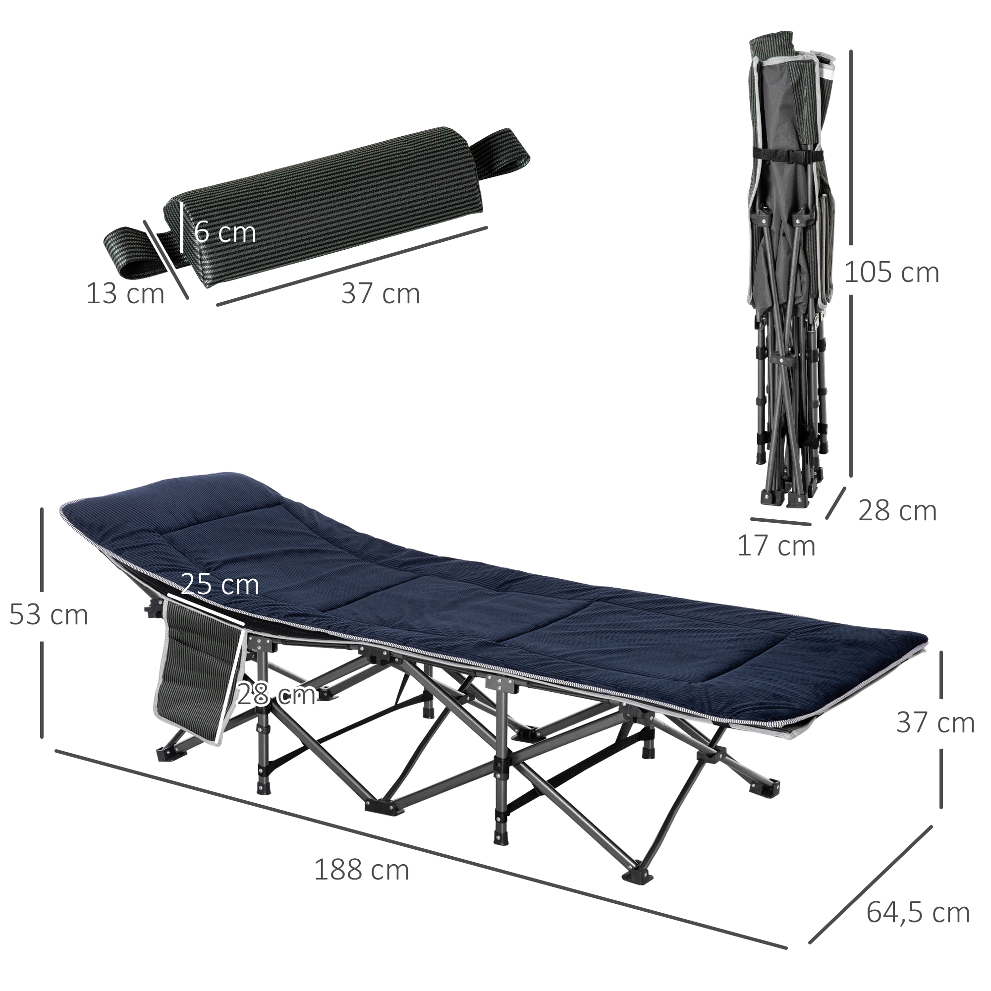 Campingbett, klappbares Feldbett mit Kopfkissen, 188 x 64,5 x 53 cm, Dunkelblau+Grau