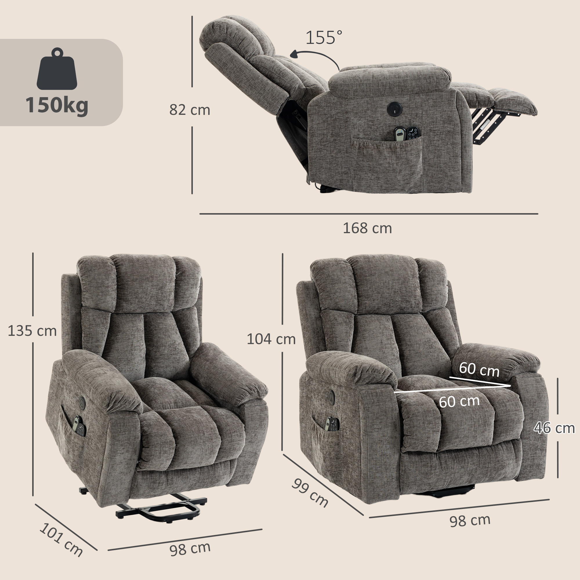 Relaxsessel Fernsehsessel mit Aufstehhilfe, Massage & Wärme, Seniorensessel mit breiter, tiefer Sitzfläche, USB-Anschluss