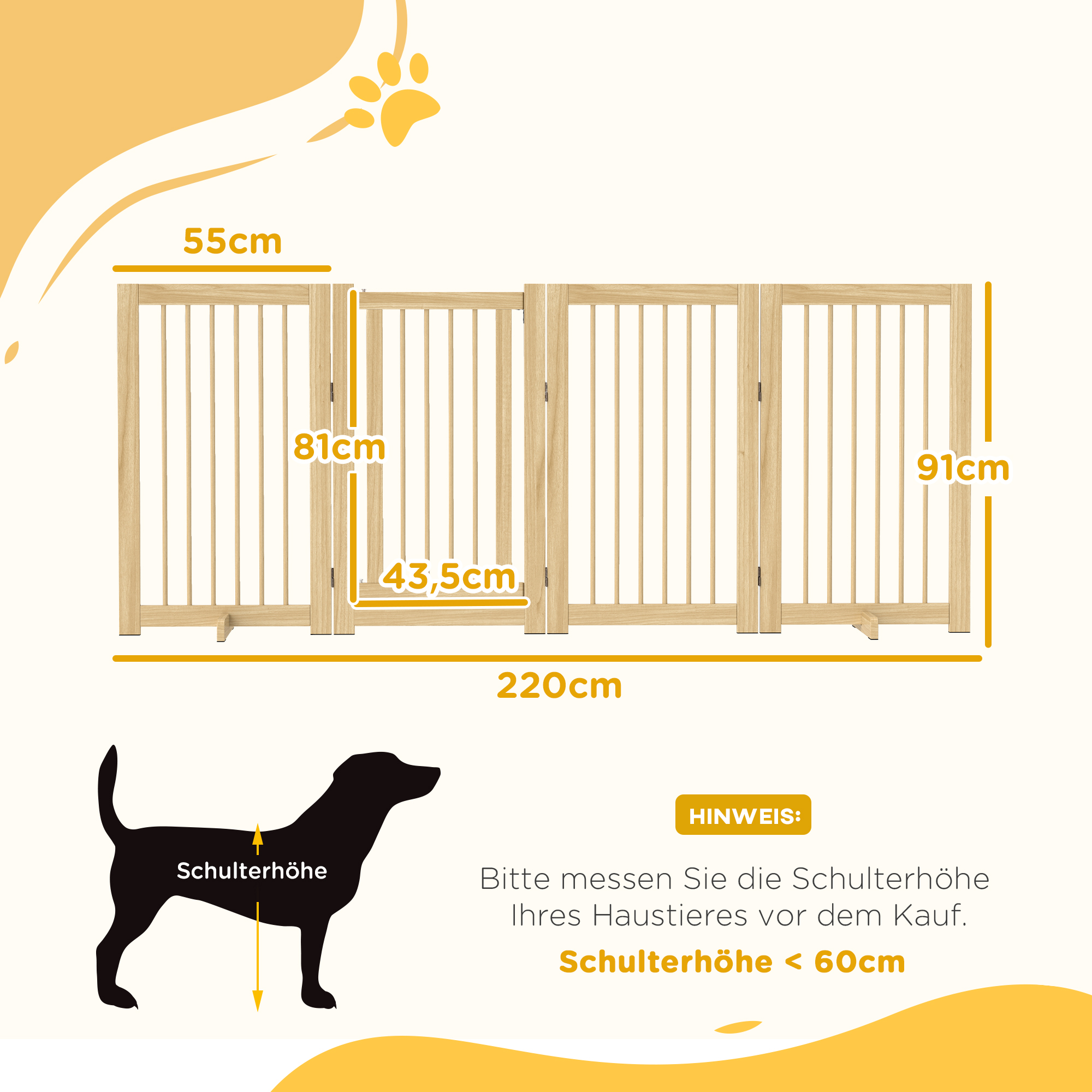 Hunde-Absperrgitter, freistehend, klappbar, Tür & Füße, Holzrahmen, 220x36x91cm