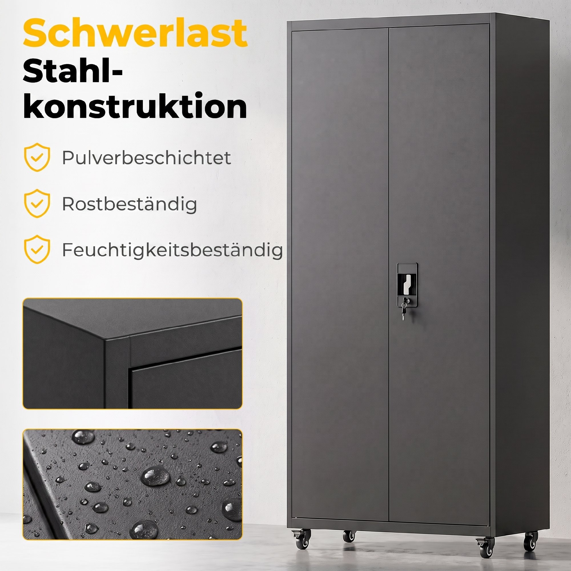 Aktenschrank, Abschließbar Metallschrank mit Rollen, 5 Verstellbaren Ablagen, aus Stahl, 80 x 40 x 180 cm Schwarz