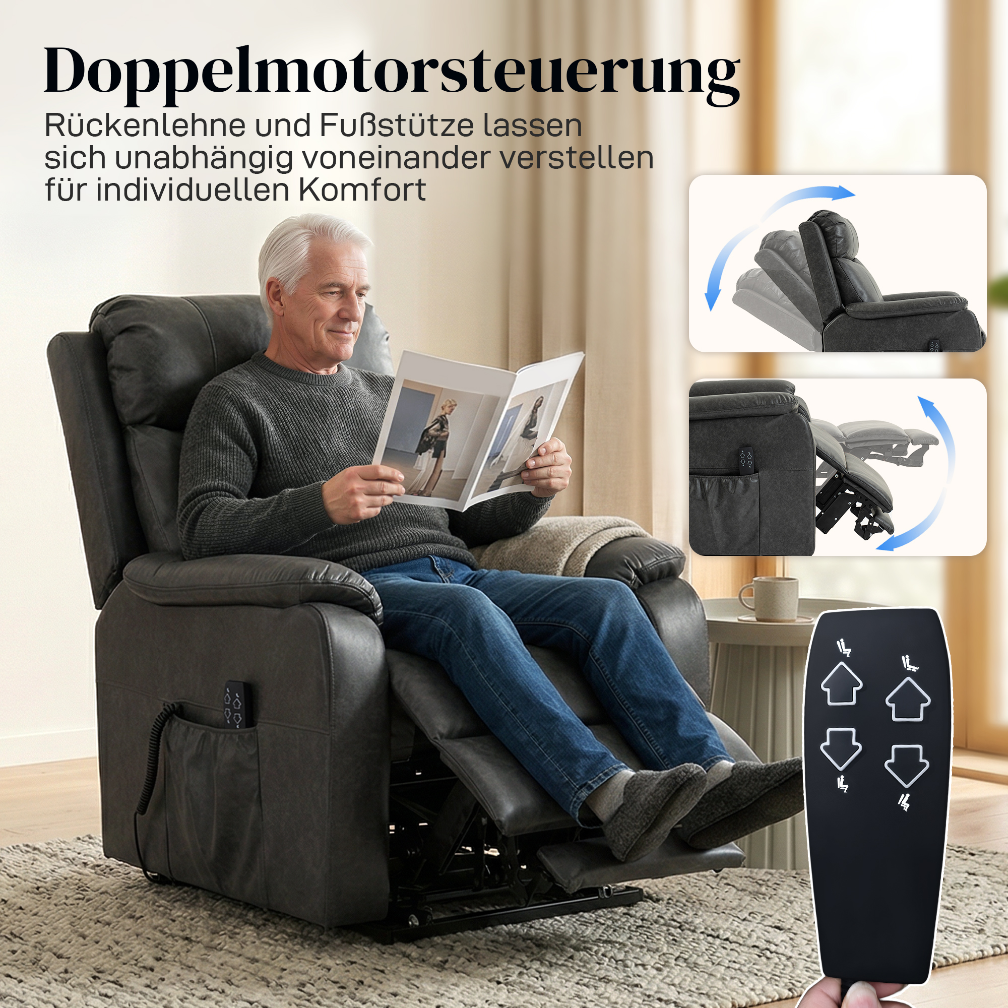 Riser- und Relaxsessel für Senioren, Elektrischer Lift-Sessel aus Kunstleder mit Doppelmotor, Federkissen, Schwarz