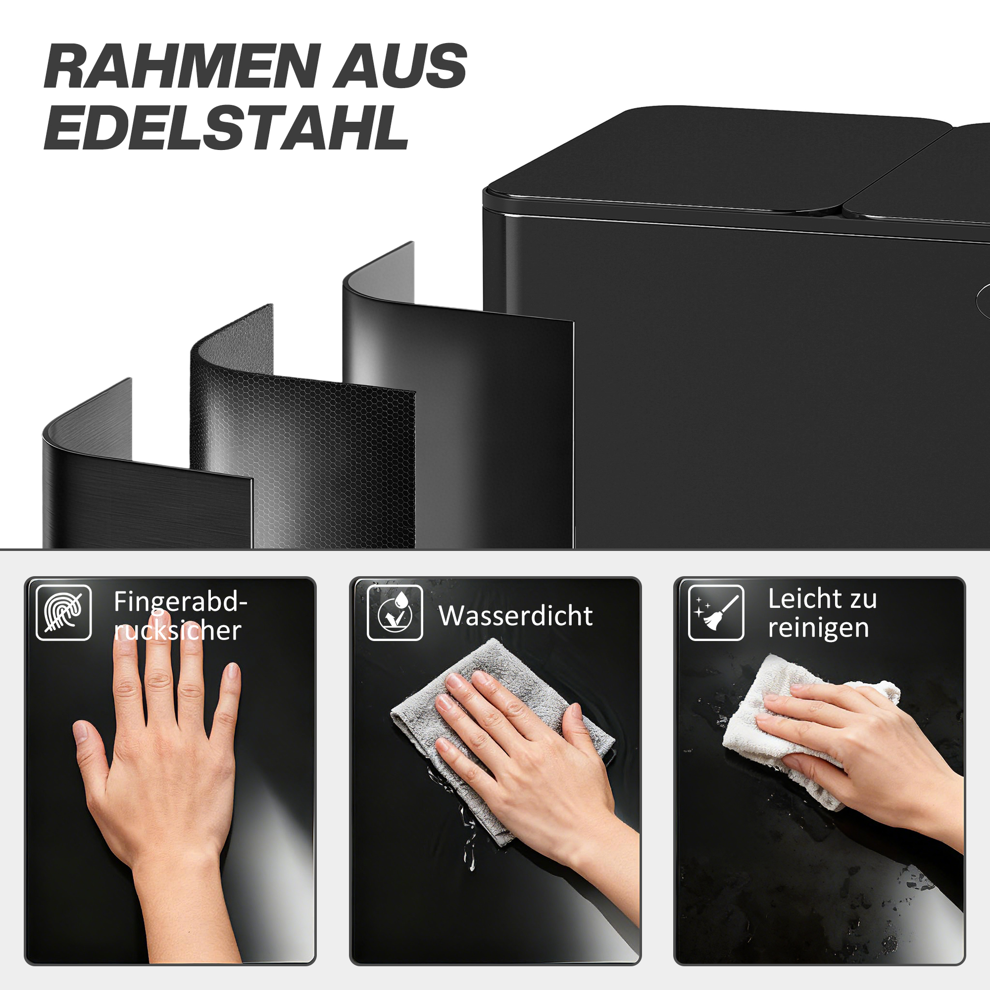 Mülleimer mit 3 x 20l Fächern, Deodorant-Deckel, fingerabdrucksicher, Soft-Close, herausnehmbar, Schwarz