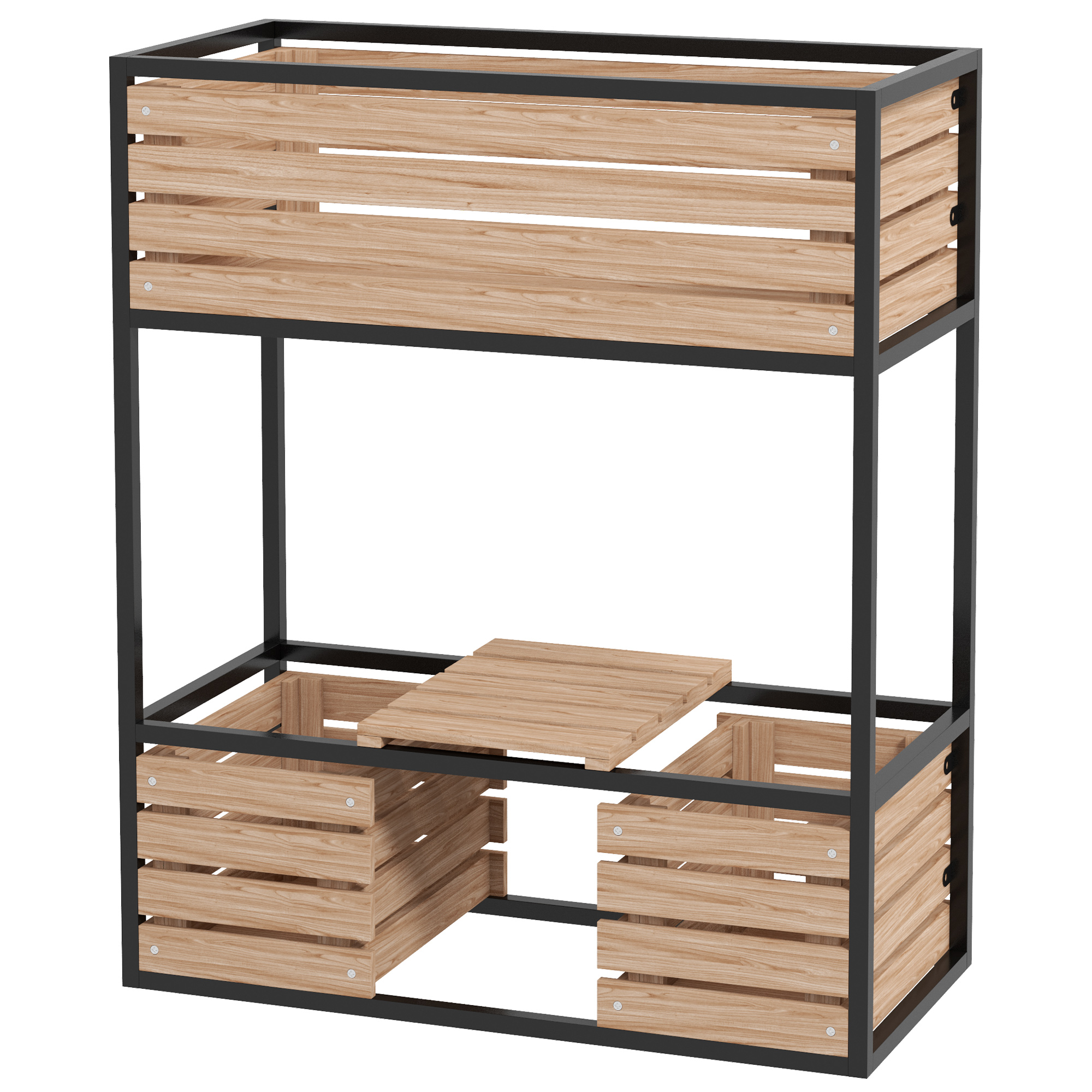 Planzkasten Blumentreppe Hochbeet, weterbeständig, 3 Pflanzkästen, 83 cm x 39 cm x 100 cm, Natur + Schwarz
