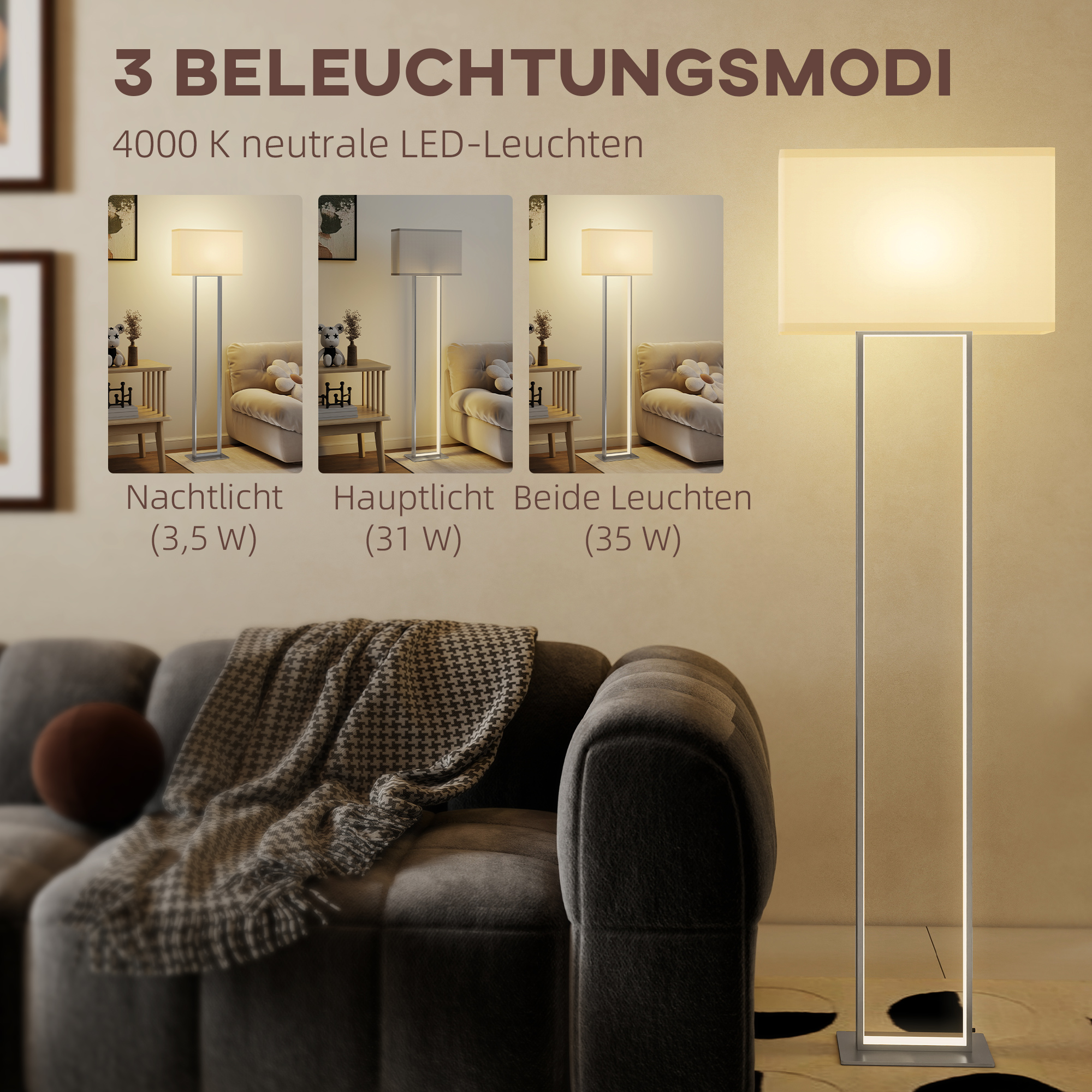 Moderne Stehlampe, 3 Modi, Fußschalter, verstellbare Helligkeit, Leinenoptik, Weiß