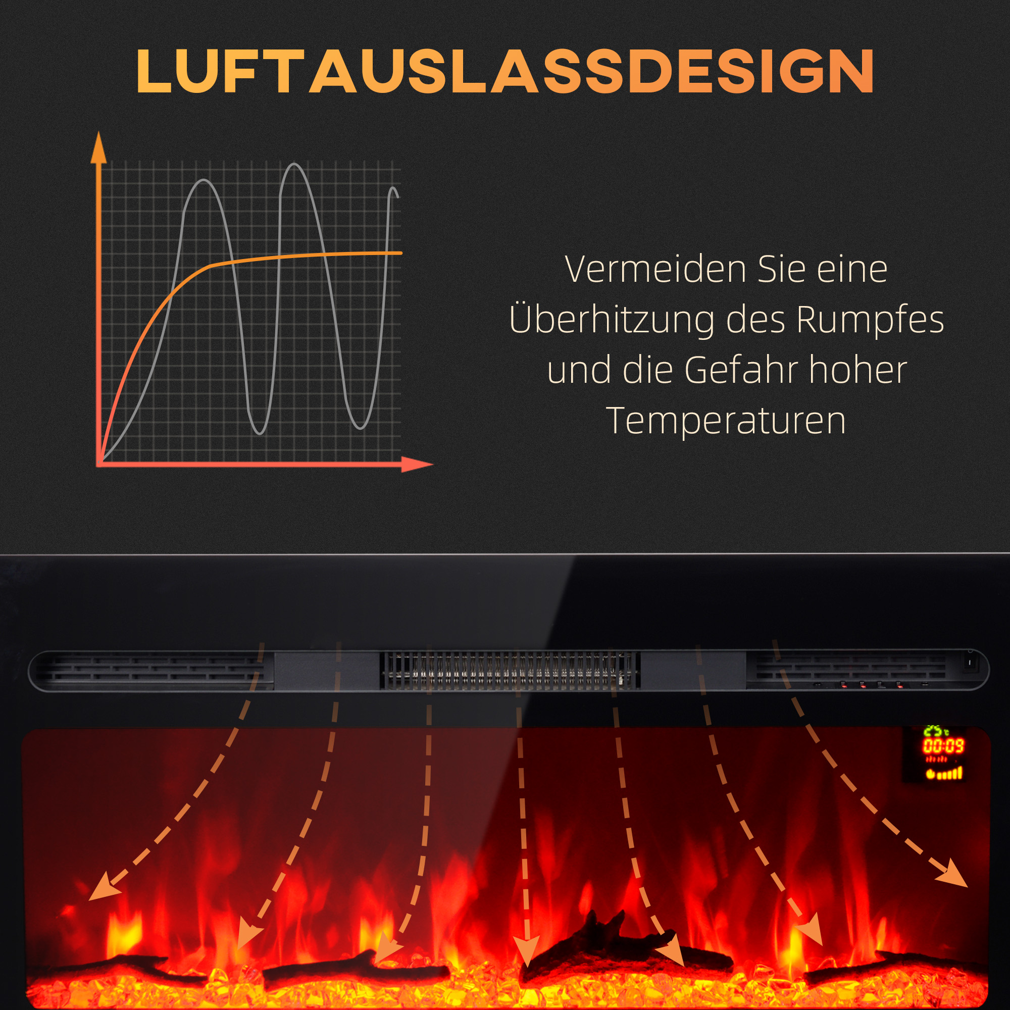 Elektrischer Kamin mit Wandhalterung und Fernbedienung, künstliche Holzscheite und Kristalle, 1800W Leistung, Schwarz