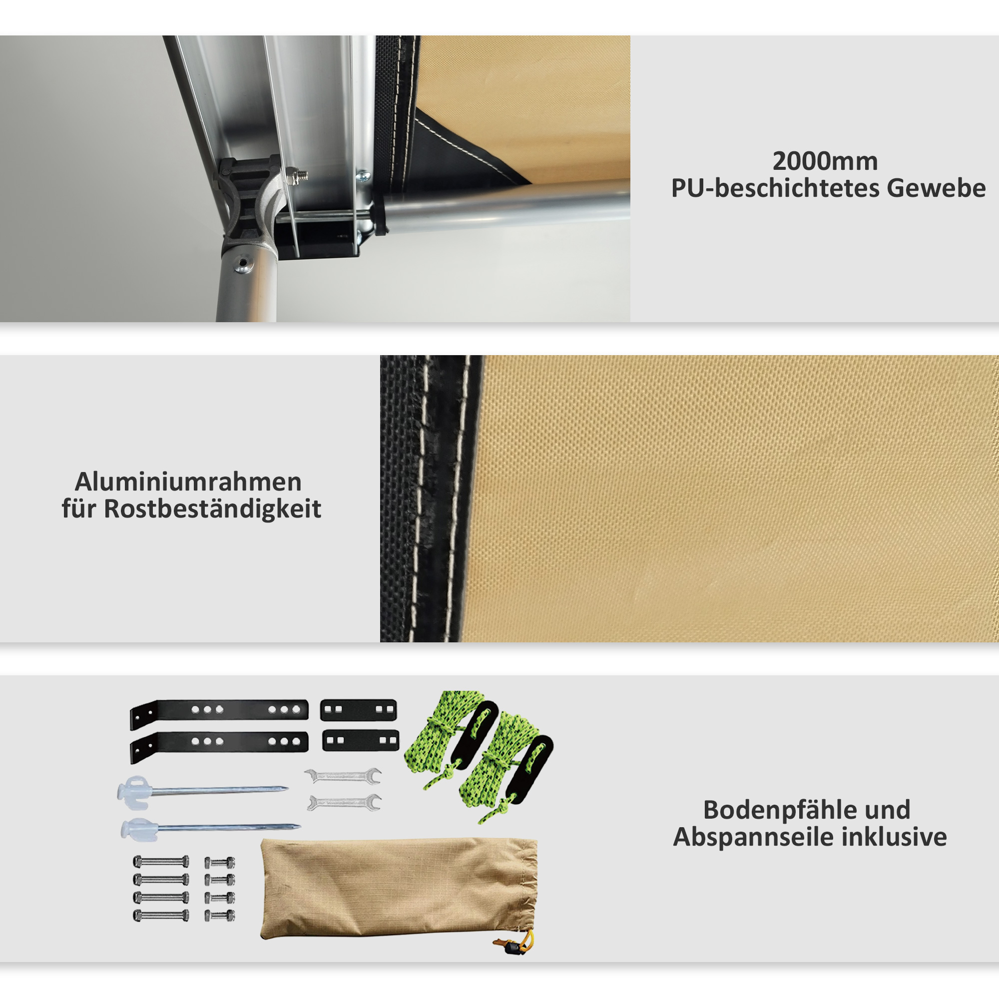 Autozelt Autodachzelt Dachzelt, wetterbeständig, 160 x 250 x 125-225 cm, Khaki