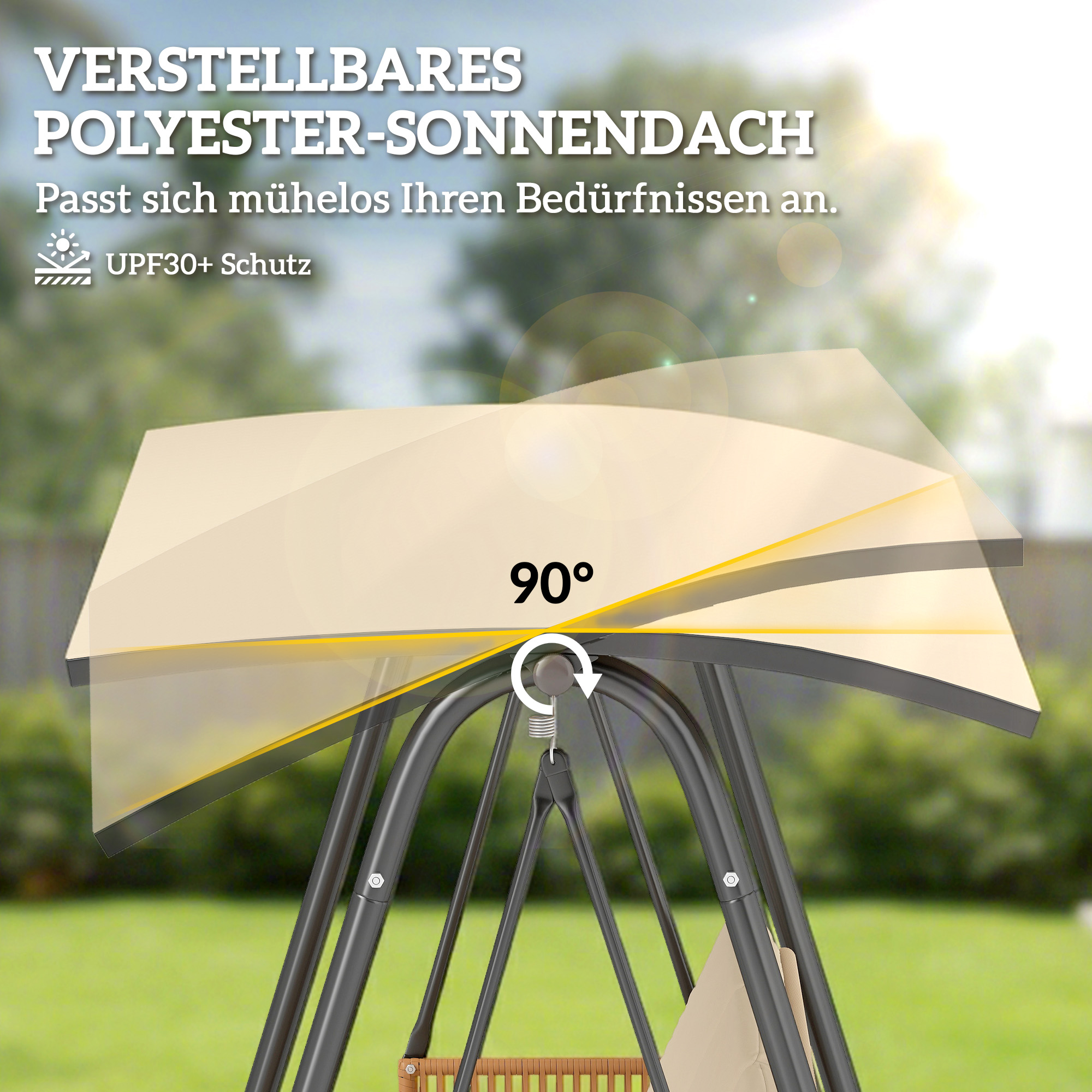 Hollywoodschaukel, 3-Sitzer Gartenschaukel mit verstellbar Sonnendach abnehmbar atmungsaktiv Sitzauflage
