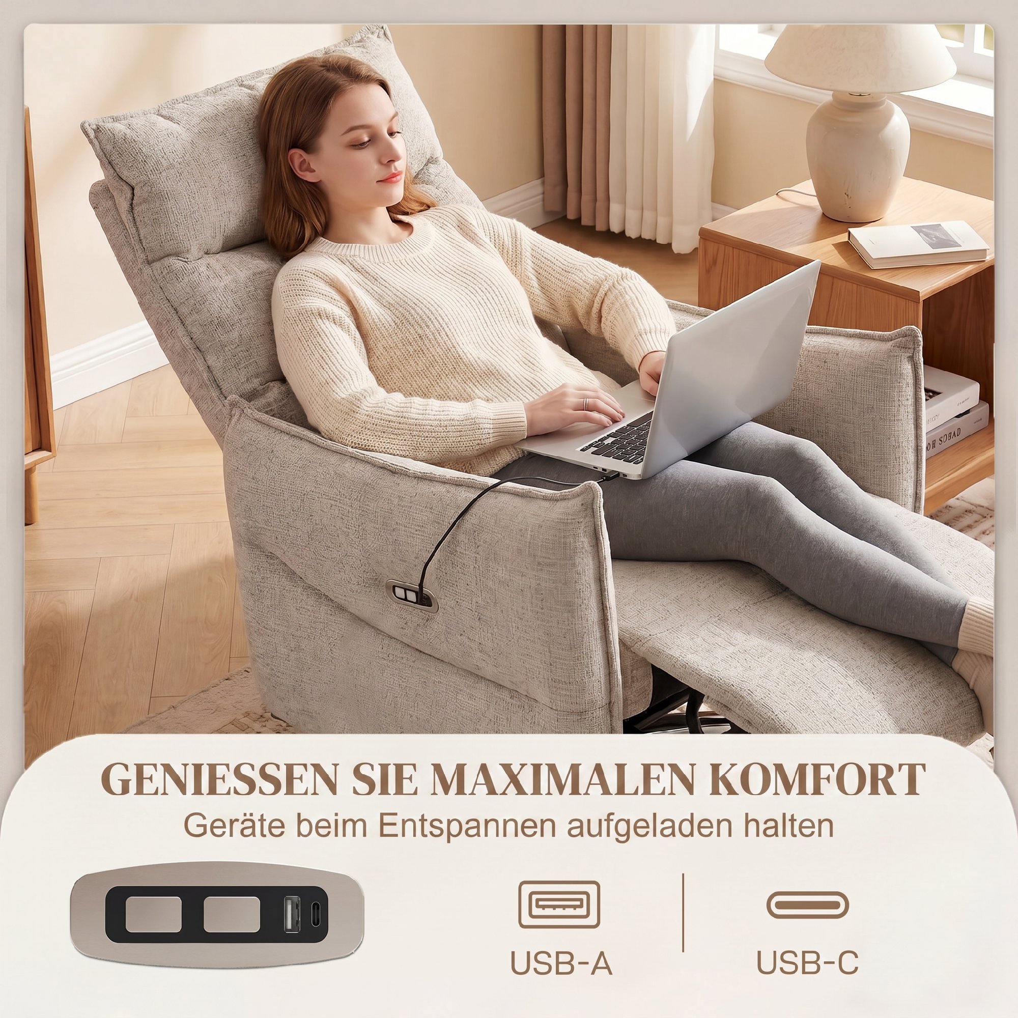 drehbarer elektrischer Relaxsessel für Erwachsene, Sessel mit Leinenoptik-Stoff und Ladeanschlüssen, Beige