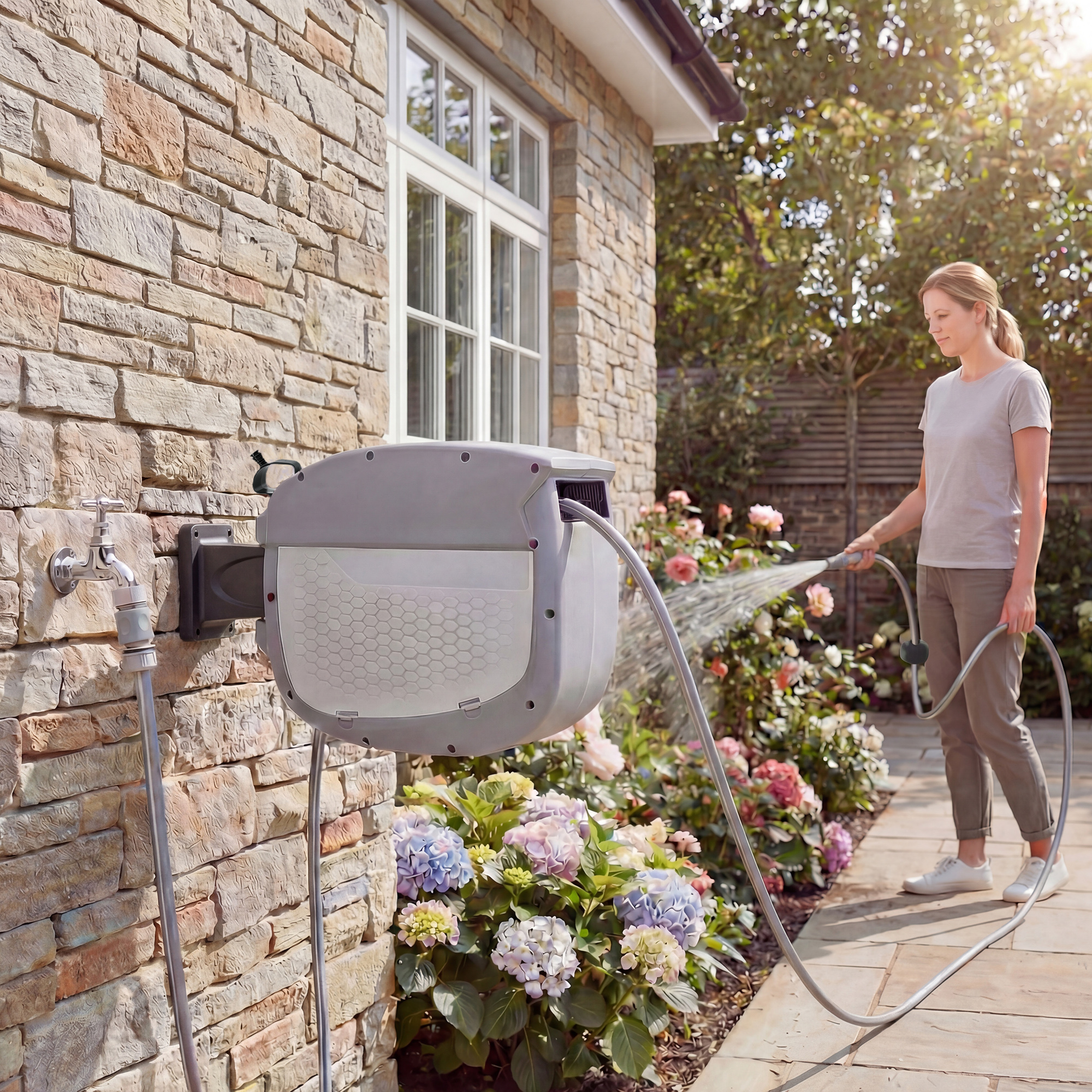 Schlauchtrommel mit Gartenschlauch 30 m, 180° schwenkbar Schlauchbox mit automatische Aufrollung Selbstverriegelung