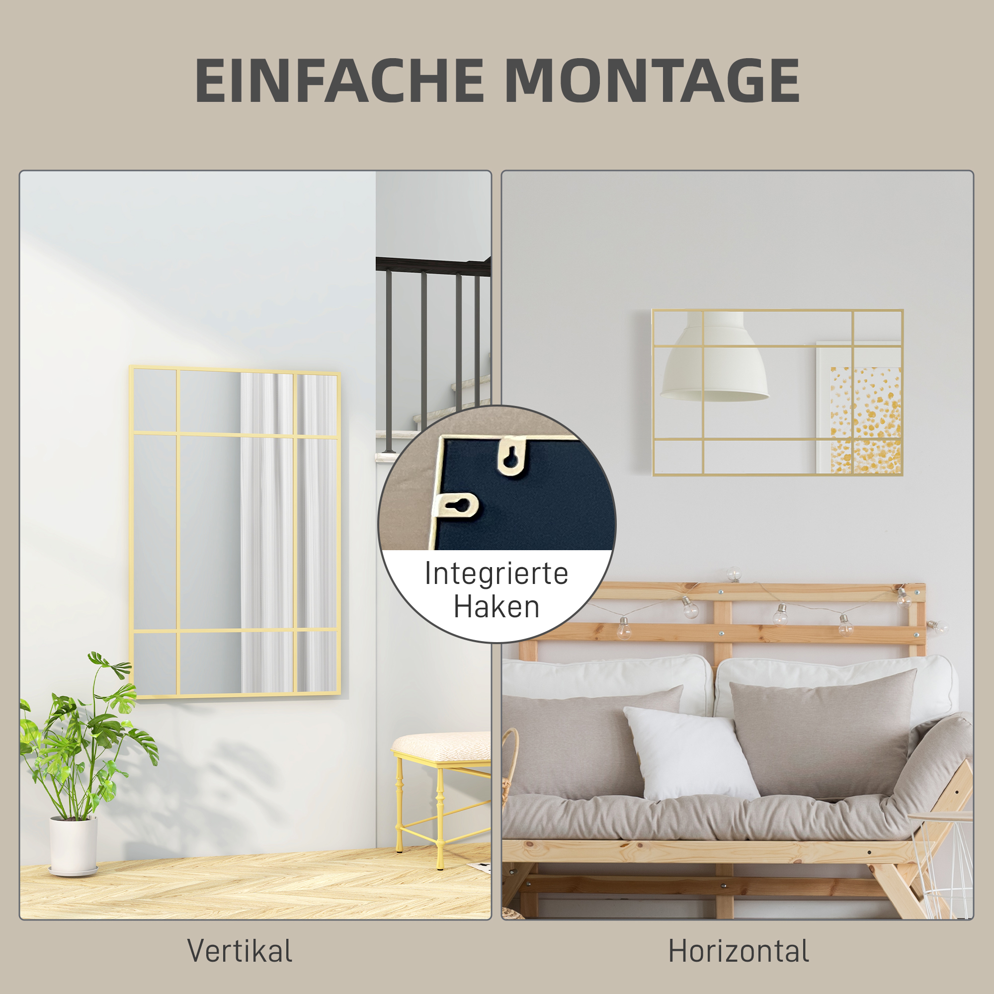 Wandspiegel, dekorativer Spiegel mit Metallrahmen, goldfarbene Streifen, Mehrschichtglas, 90B x 2T x 60H cm