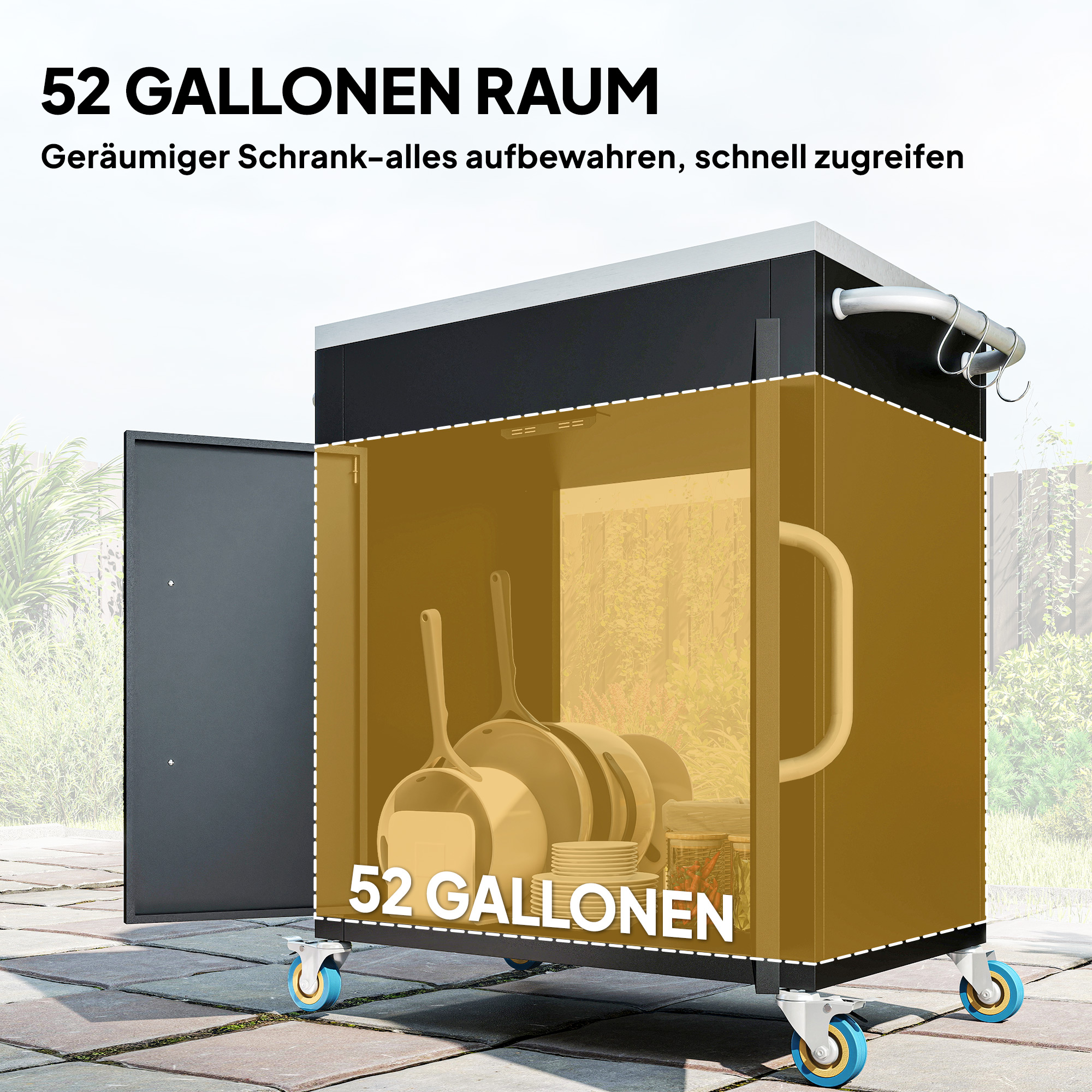 Küchenwagen mit Rollen, Servierwagen, Rollwagen mit Schrank, Haken und Edelstahlgriffe, Küchenhilfe, BBQ Grilltisch aus Edelstahl Küchentrolley, 86 x 50 x 86,5 cm Schwarz