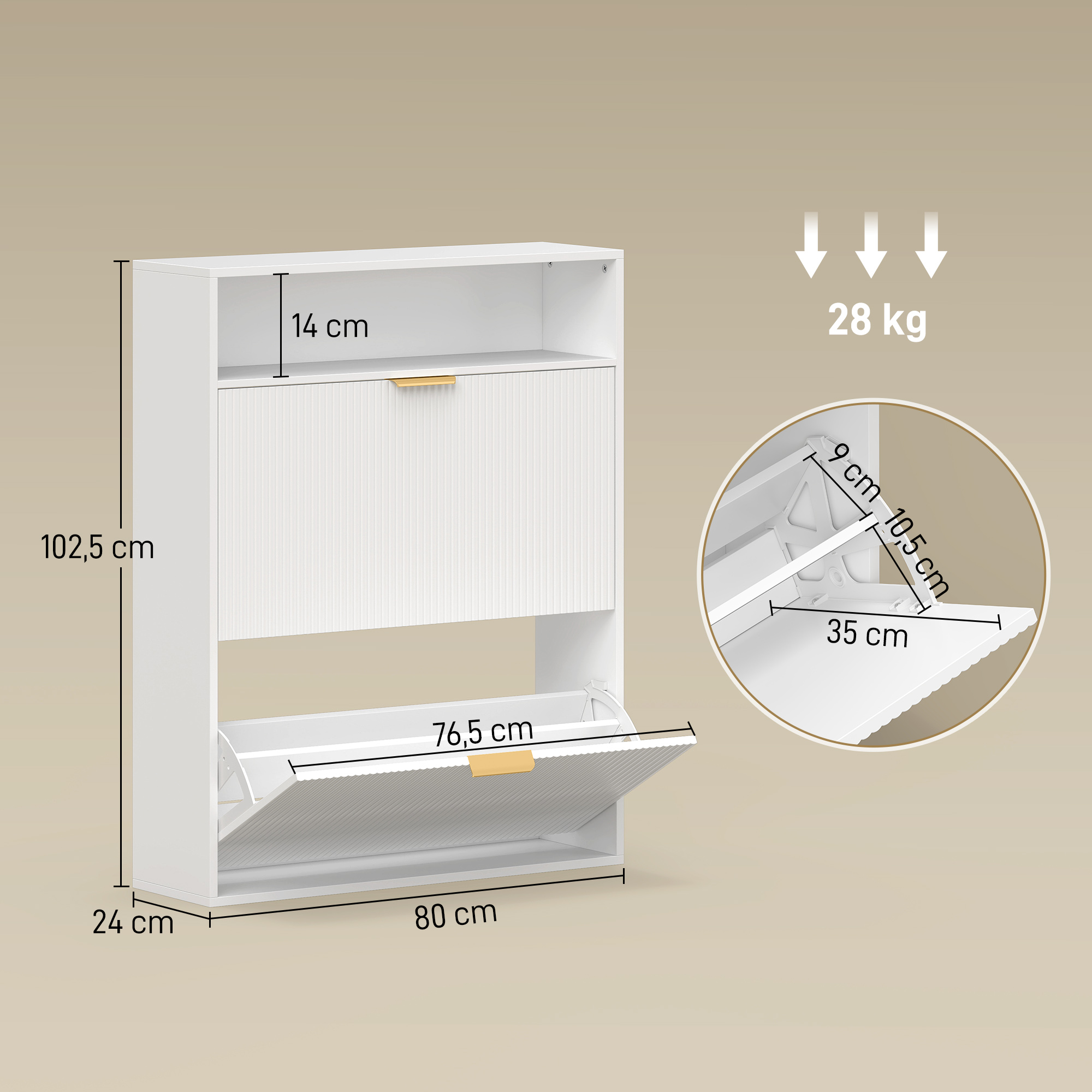 schmaler Schuhschrank mit 2 Klappfächern und Ablagefläche für Flur und Eingangsbereich, Weiß