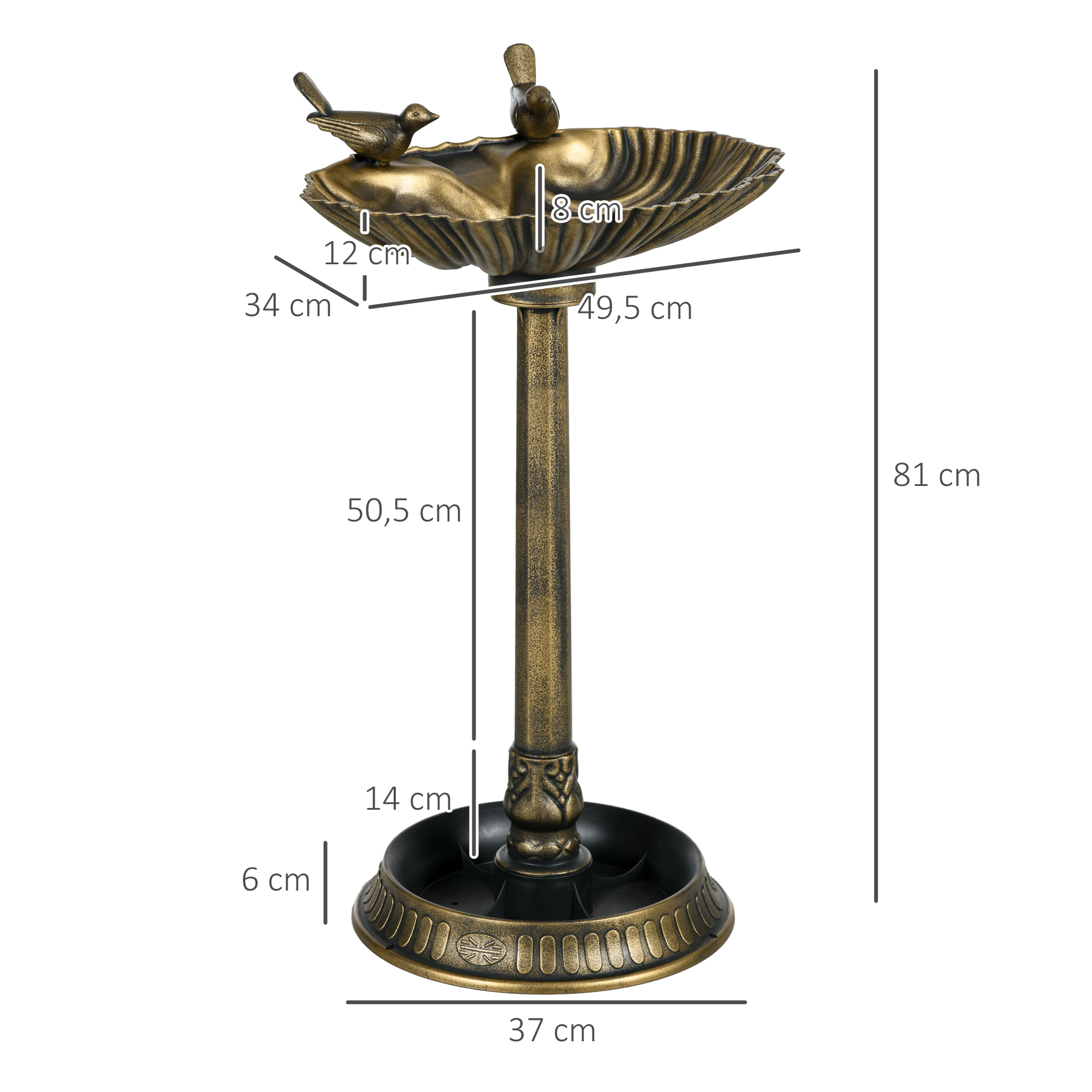 Vogeltränke, Vogelbad mit Statuen, 2 Becken, Kunststoff, antiker Look, 49,5L x 38B x 81H cm, Bronzefarben