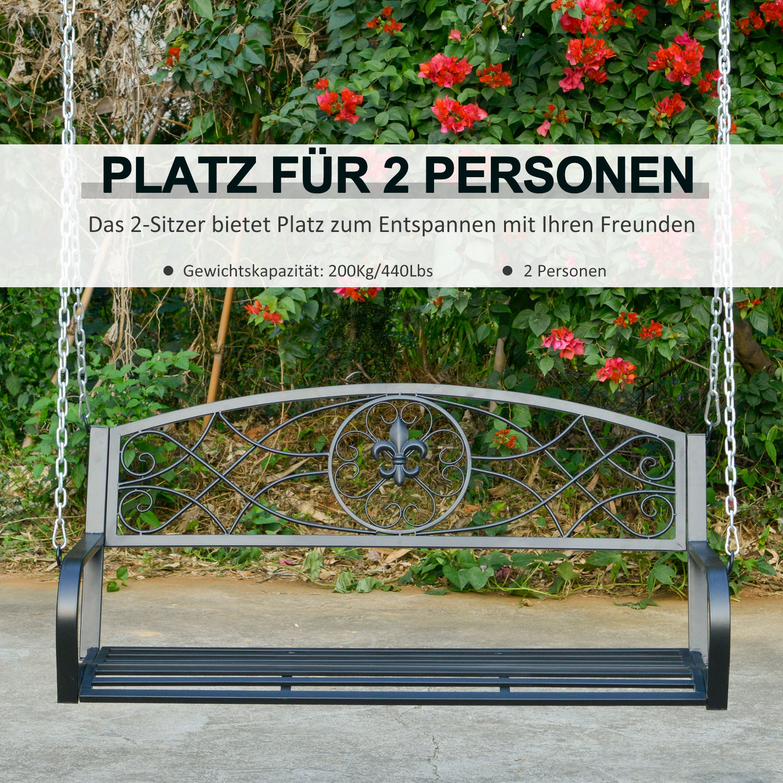 Hängebank 2-Sitzer Gartenschaukel Schaukelbank Hollywoodschaukel Schwebebank mit Ketten Metall Schwarz 132 x 63 x 58 cm