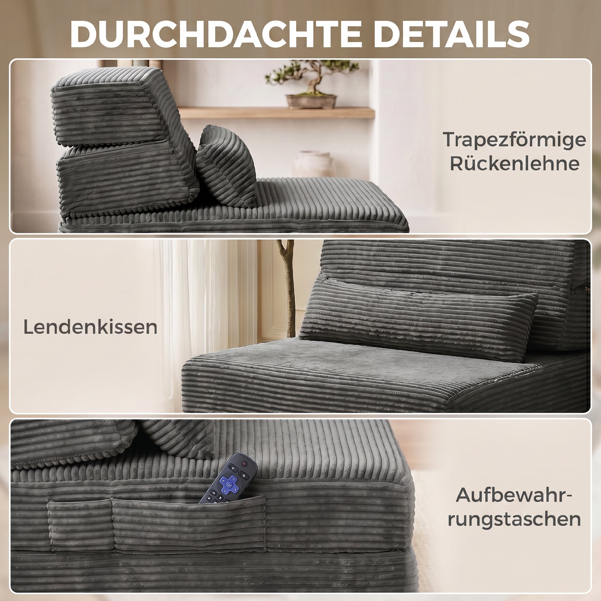 Bodenstuhl mit Rückenstütze, Cord Boneless Cloud Faltbares Schlafsofa mit dickem Polster, Dunkelgrau