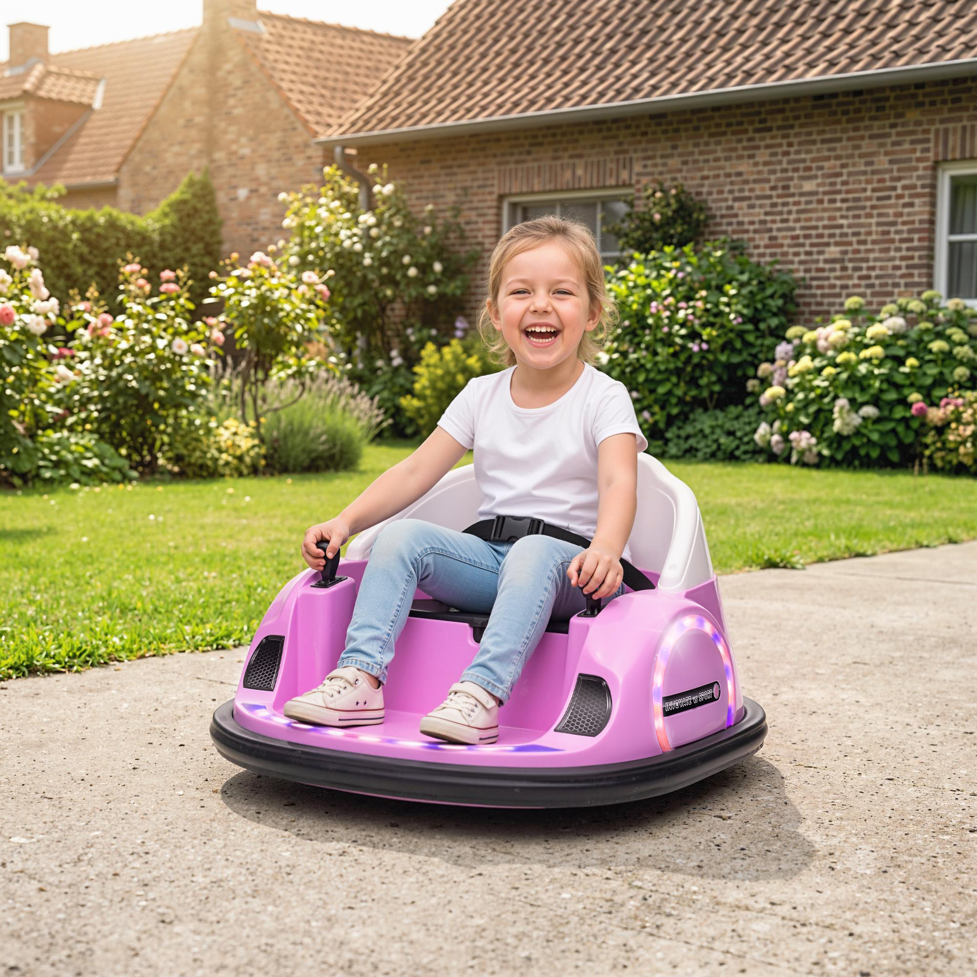 Autoscooter, 360° Rotation, 2 km/h Geschwindigkeit, Sicherheitsgurt, LED-Lichter, Musik und Hupe, Rosa
