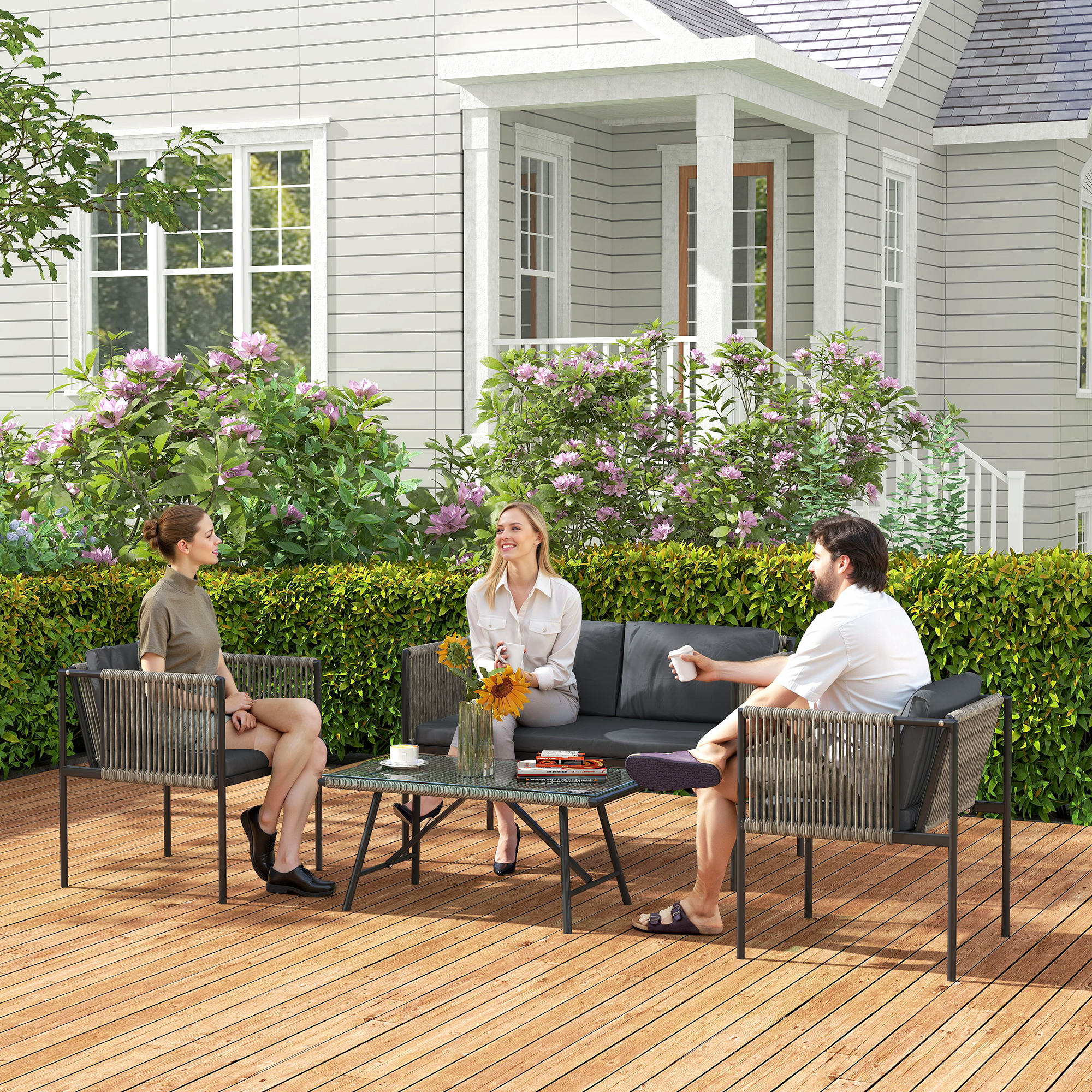 4-teiliges Gartenmöbel-Set, 1 Sofa, 2 Sessel, 1 Tisch mit Glasplatte, Kissen, Stahlrahmen, Kunststoff-Rattan, Grau