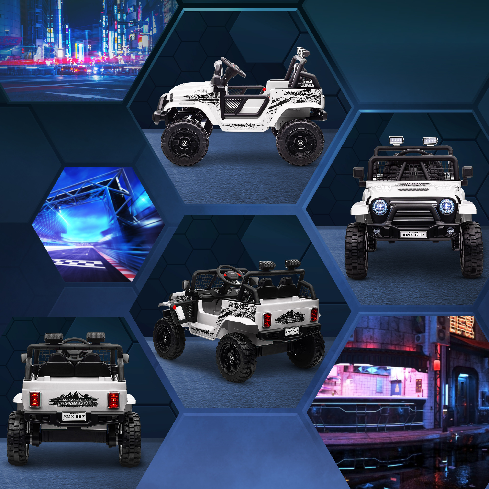 Kinder-Elektroauto mit sanfter Federung, fernsteuerbar, LED-Lichter, Hupe, 12V-Motoren, aus Kunststoff und Metall, Weiß