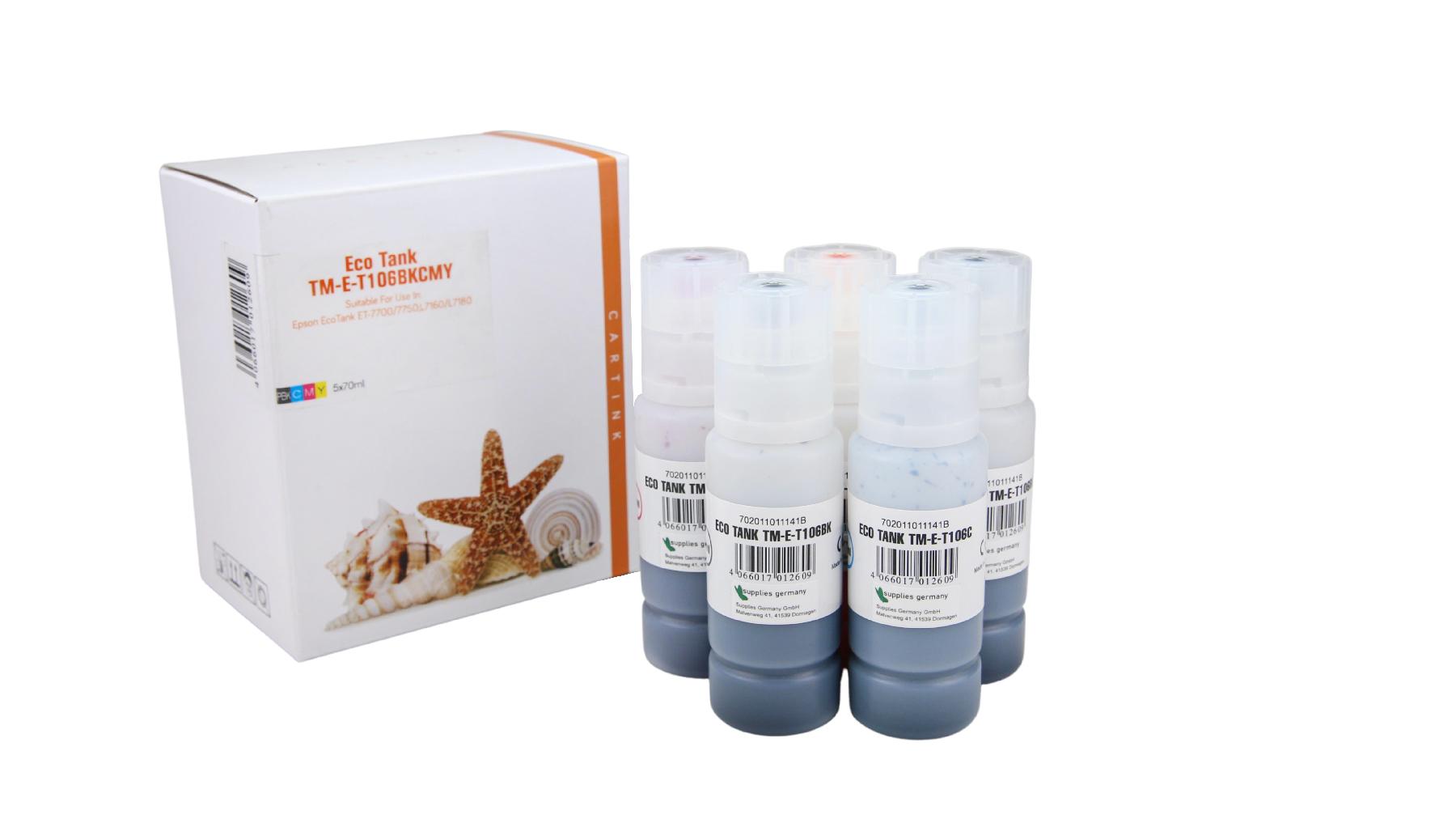 Multipack T106 alternativ Eco Tank Nachfüllflasche für Epson / C13T00R140440 / 2x BK CMY / 70ml Multipack T106 alternativ Eco Tank Nachfüllflasche für Epson / C13T00R140440 / 2x BK CMY / 70ml