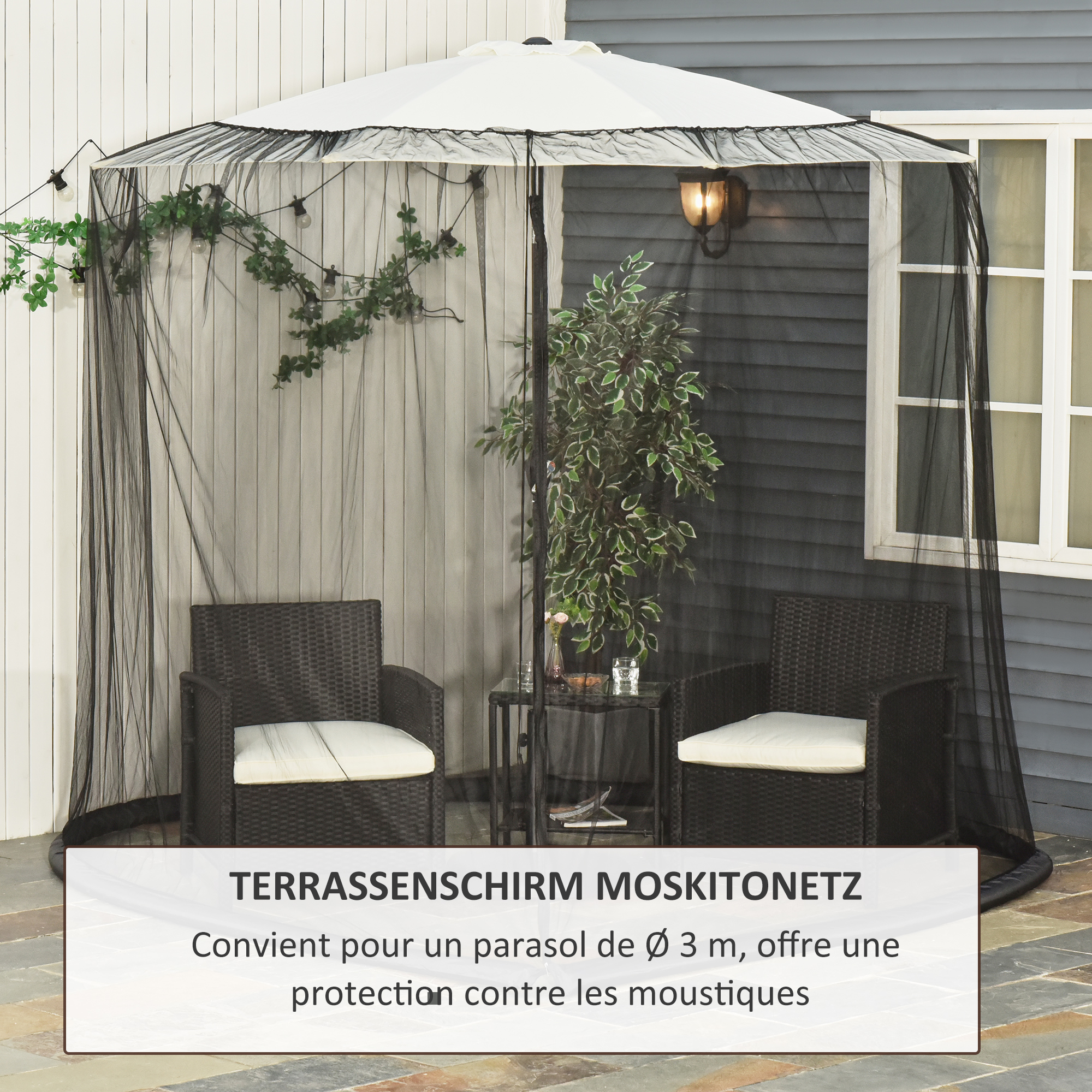 Moskitonetz für Sonnenschirm Fliegennetz Mückennetz, Schwarz, Ø3 x H2,3 m