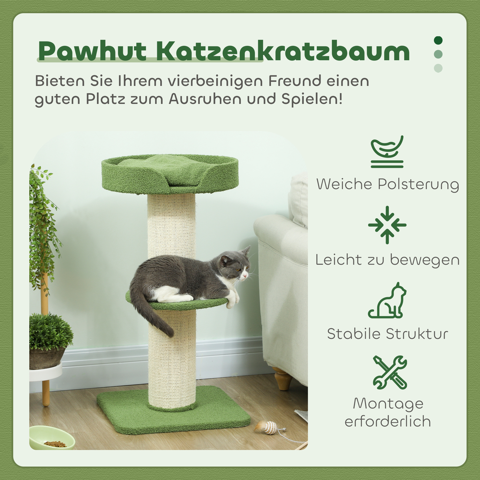 Katzenbaum  91cm Spielbaum mit Katzenbett, Plattform Lammwolle Grün